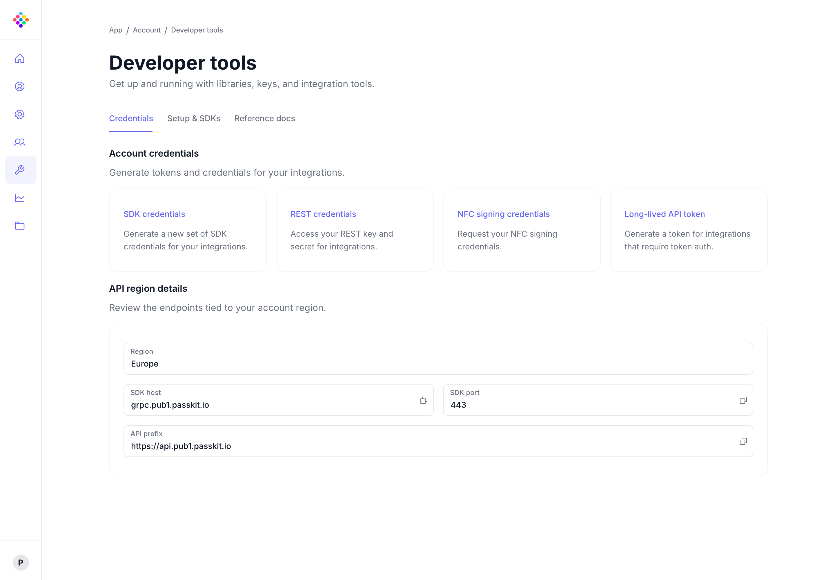 PassKit Portal Developer Tools page showing credential options and API region details.