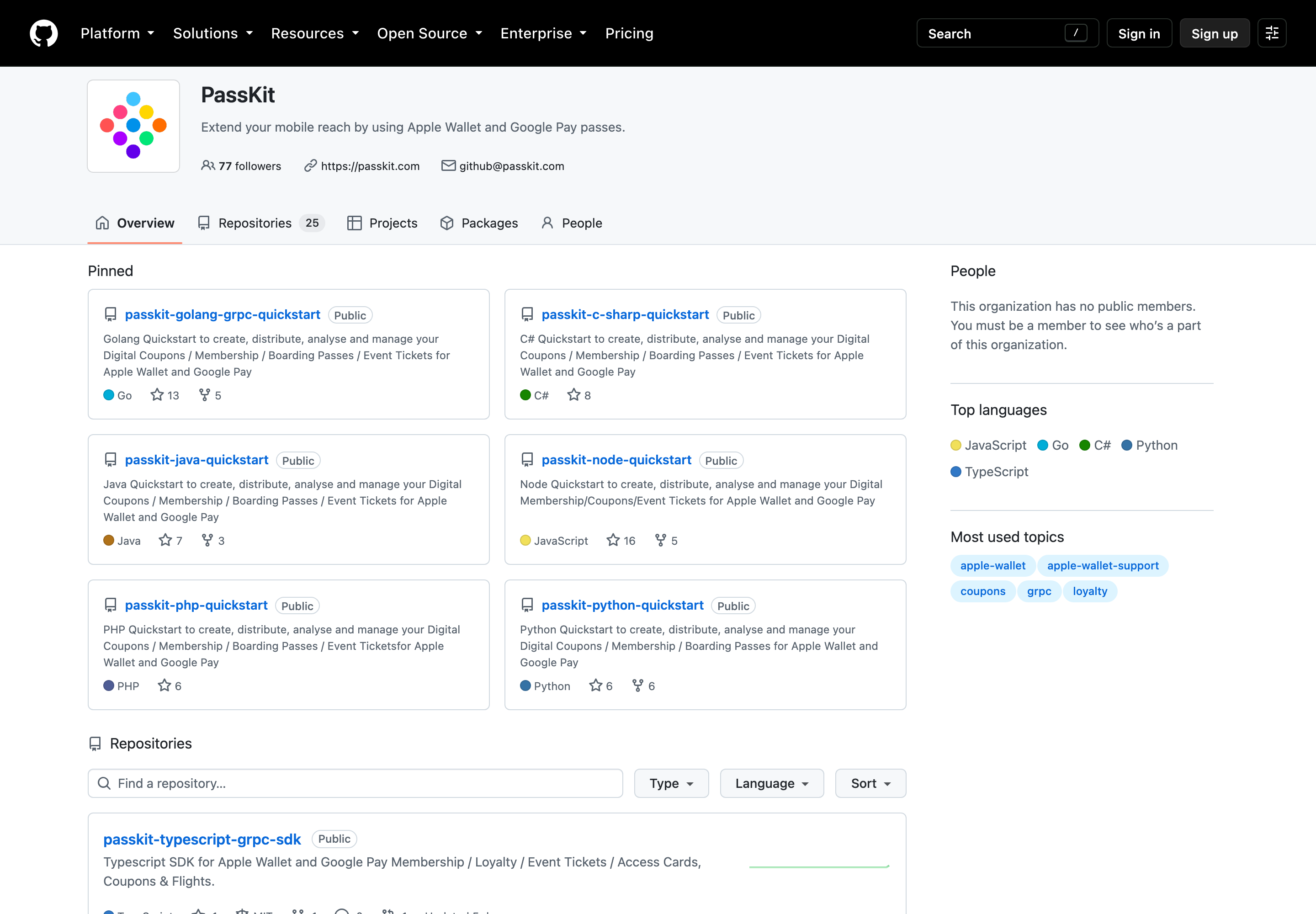 PassKit GitHub organisation page showing language-specific QuickStart repositories.
