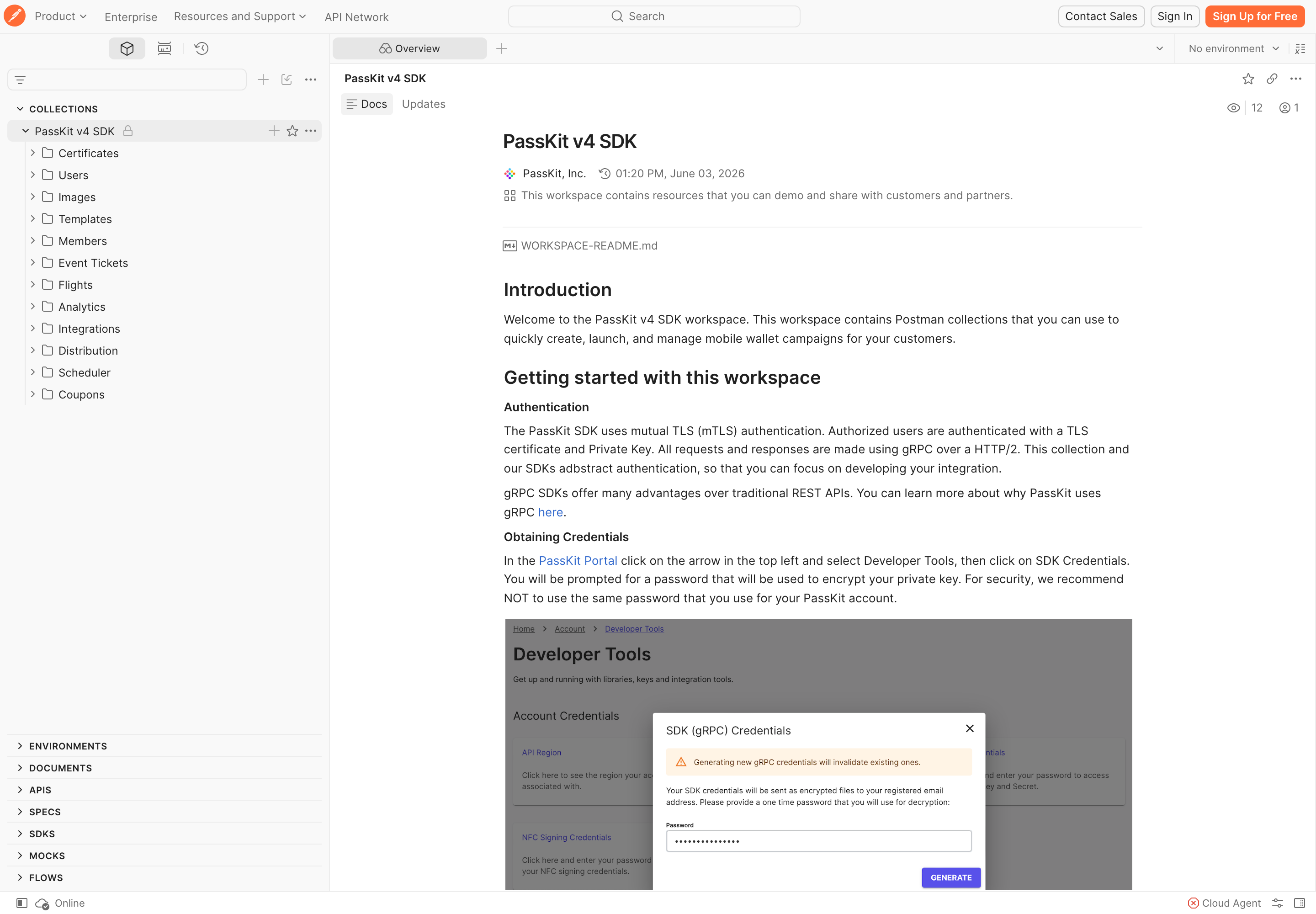PassKit Postman collection showing request groups and getting-started guidance.