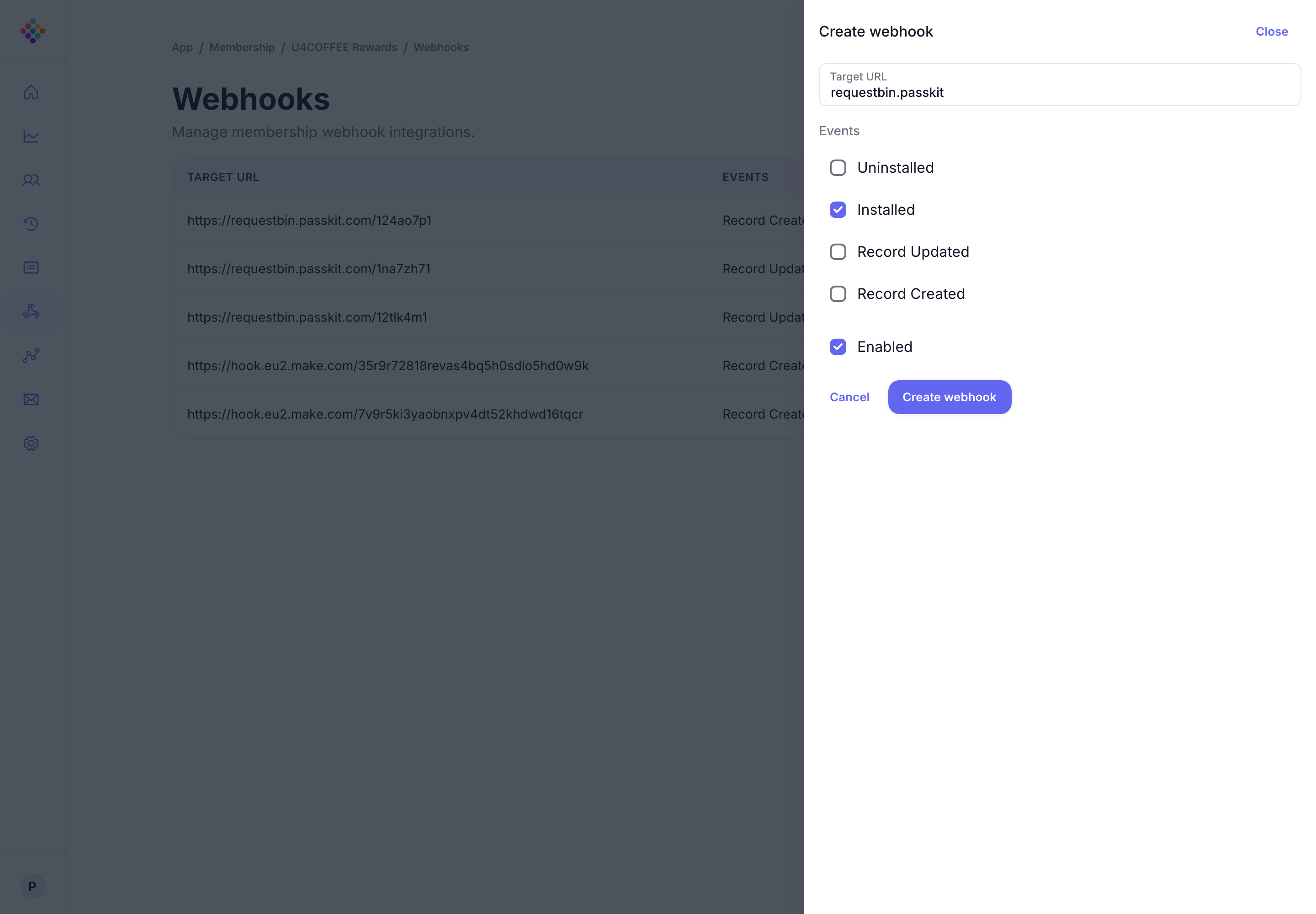 PassKit Portal
webhook creation panel showing a target URL and selectable lifecycle events