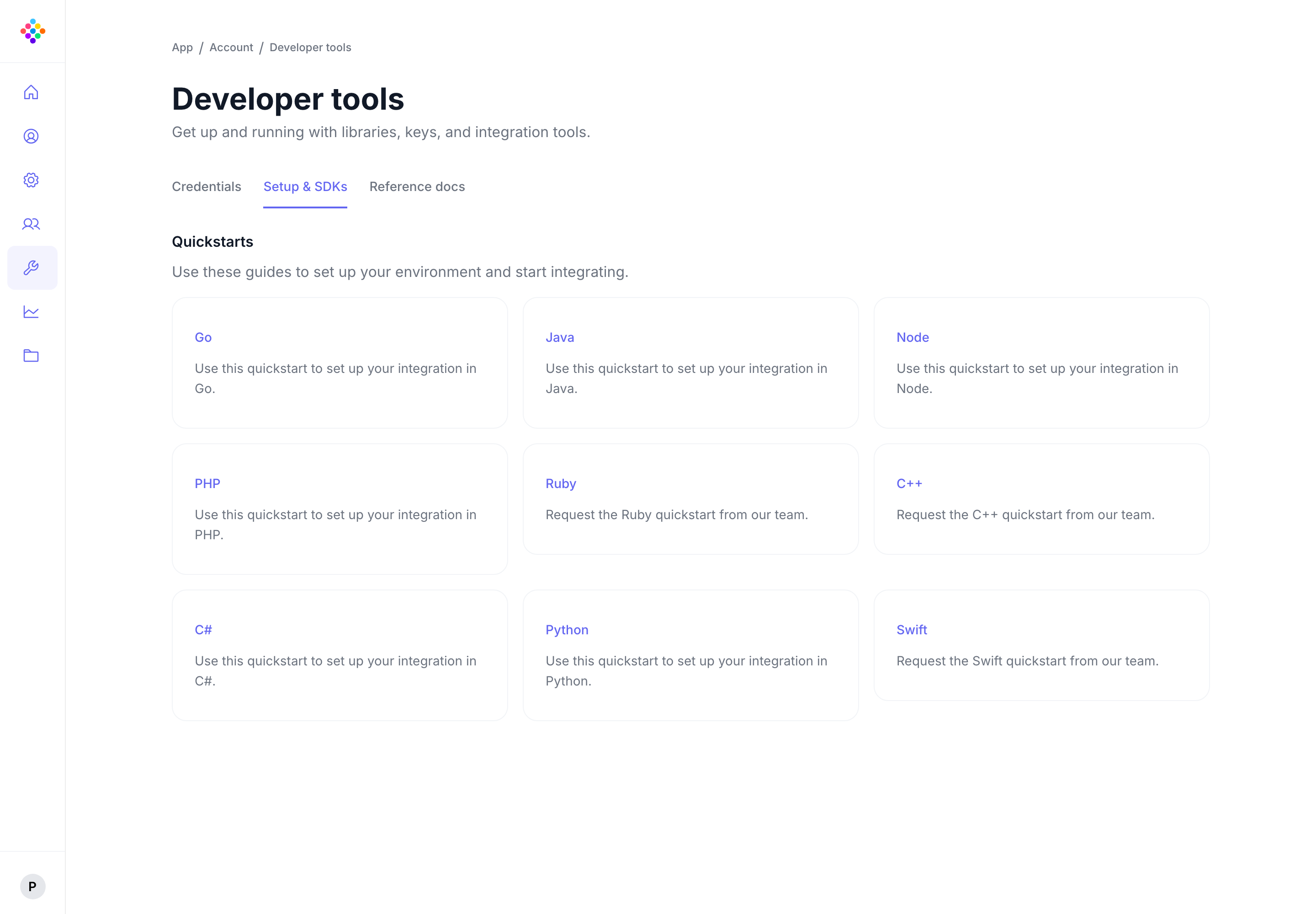 PassKit Portal
Developer Tools Setup and SDKs tab showing available QuickStarts by language