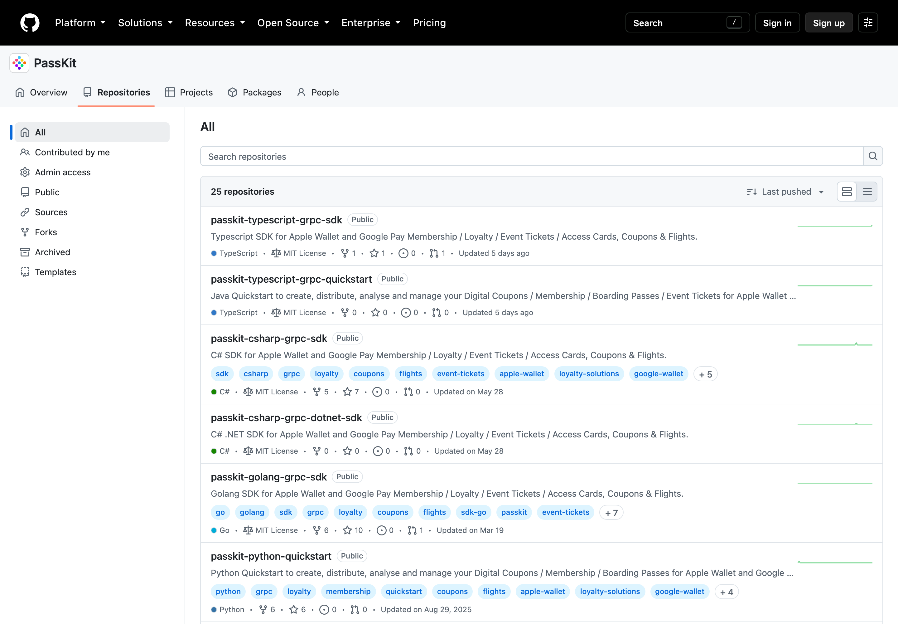 PassKit GitHub organisation
repositories showing language-specific QuickStart and SDK resources