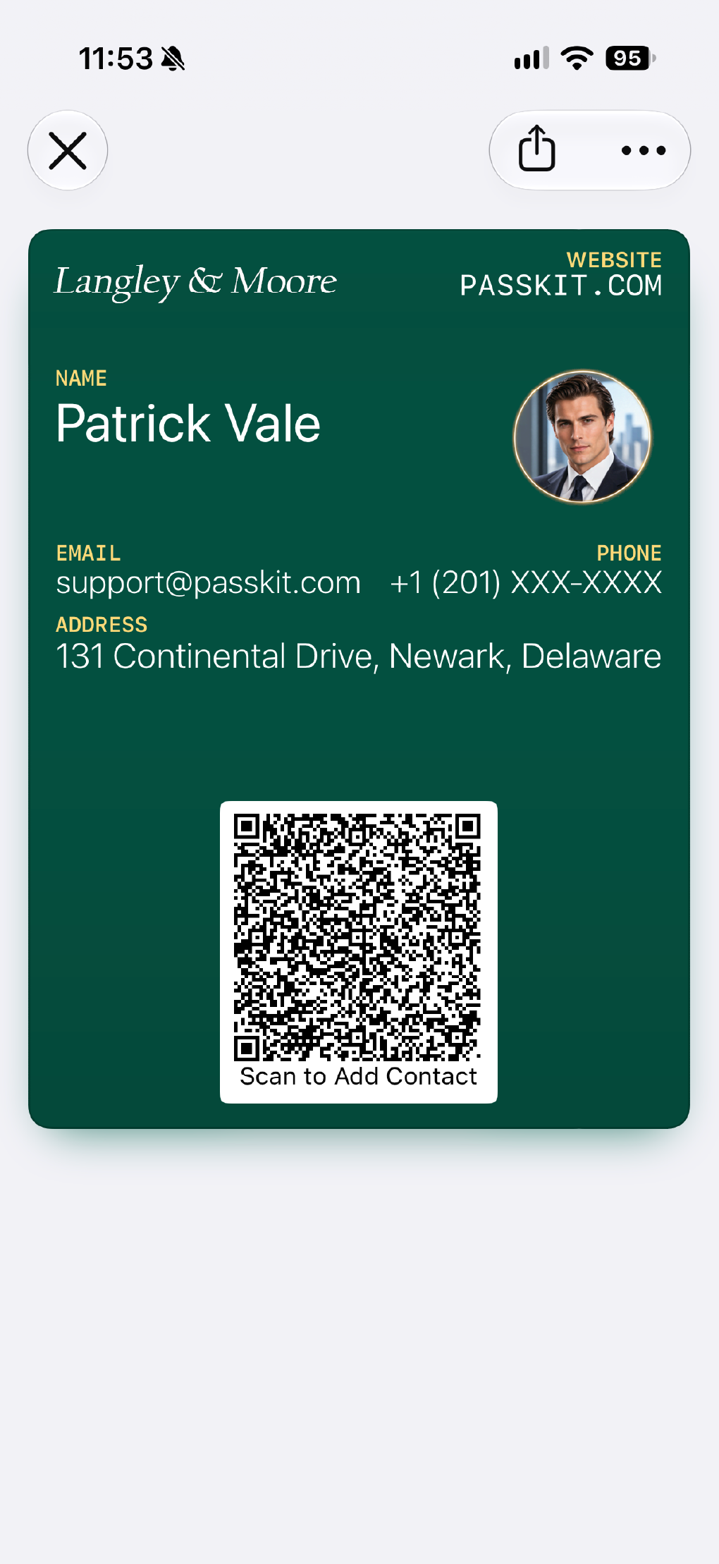 Business card pass in Apple Wallet