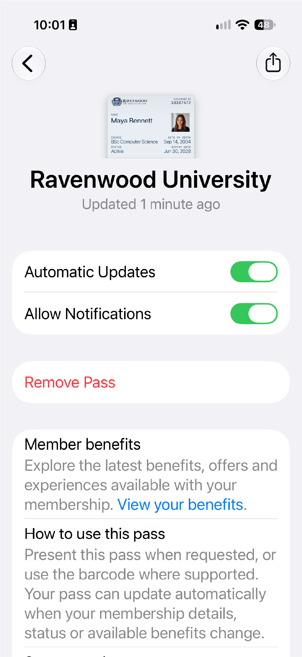A Ravenwood University pass details screen with student service links and information.
