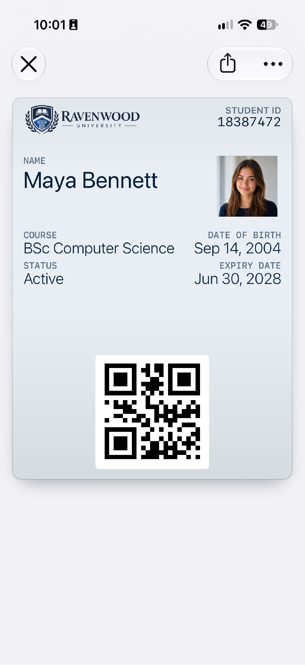 A Ravenwood University student ID card shown in Apple Wallet.
