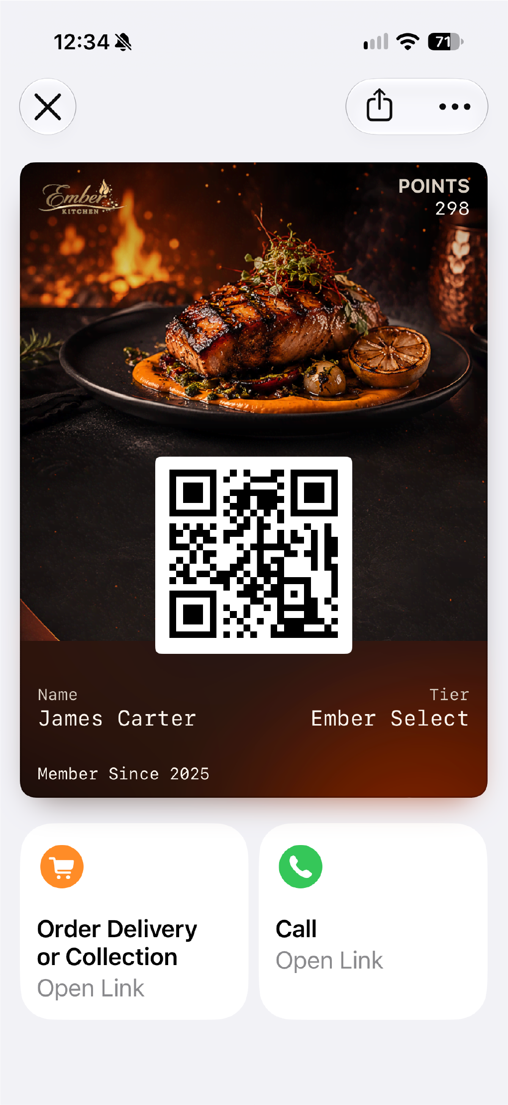An
  Ember Kitchen loyalty pass shown on a phone.