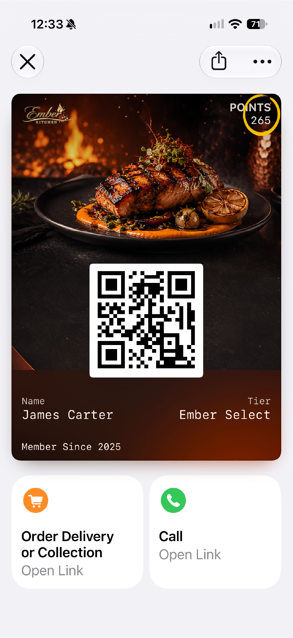 An Ember Kitchen loyalty pass showing updated guest points and accessible pass actions.