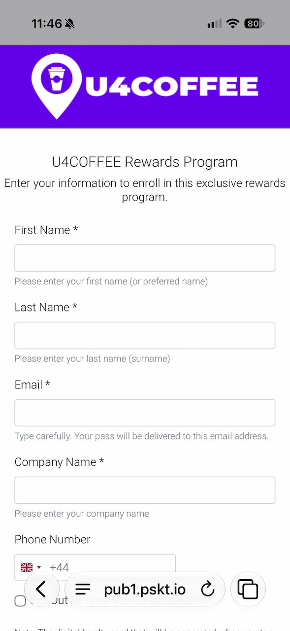 A U4COFFEE rewards enrollment page on an iPhone, with customer details fields and the Safari browser controls visible.