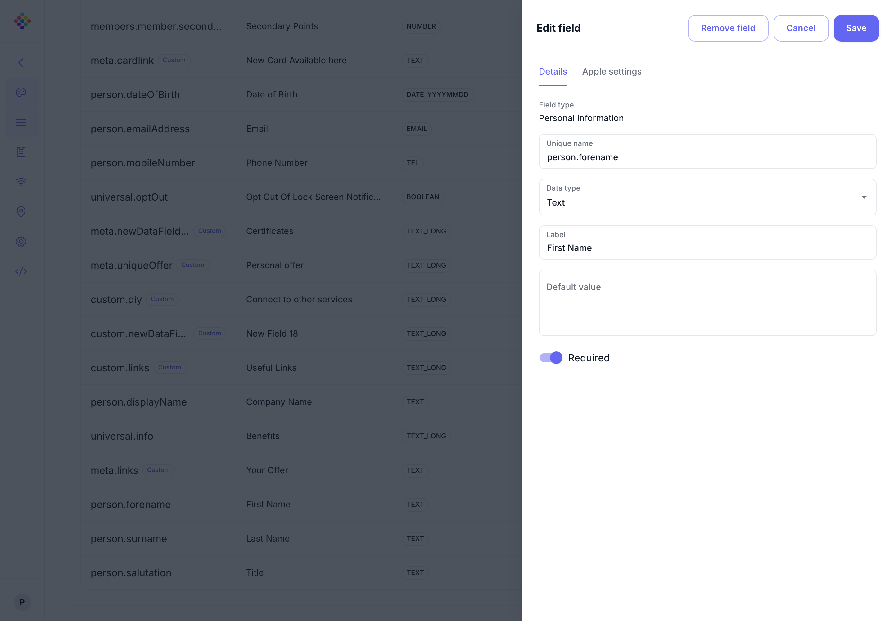 The PassKit Portal field editor for a required First Name enrollment field.