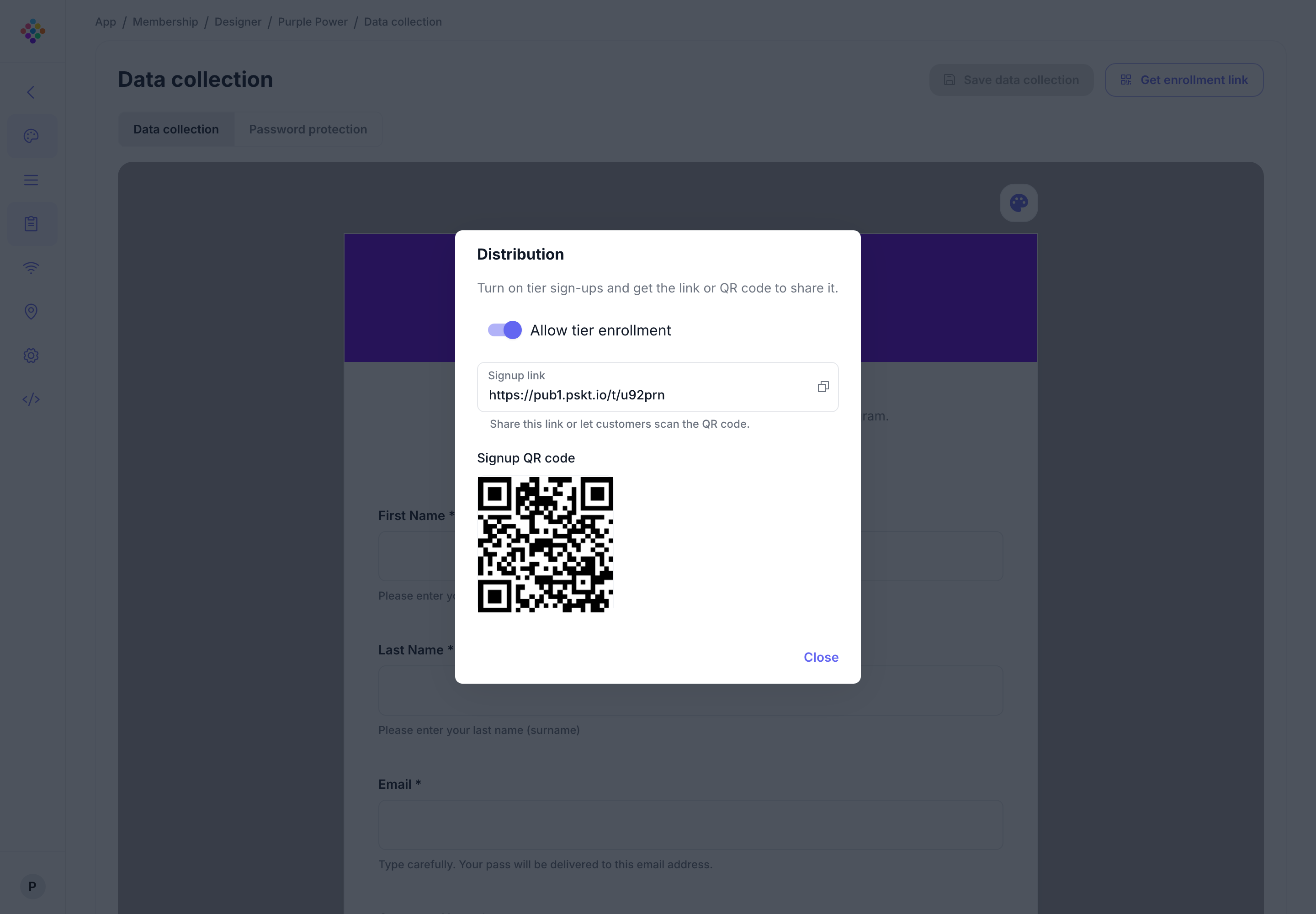The PassKit Portal Distribution dialog showing an enrollment URL and QR code for sharing.