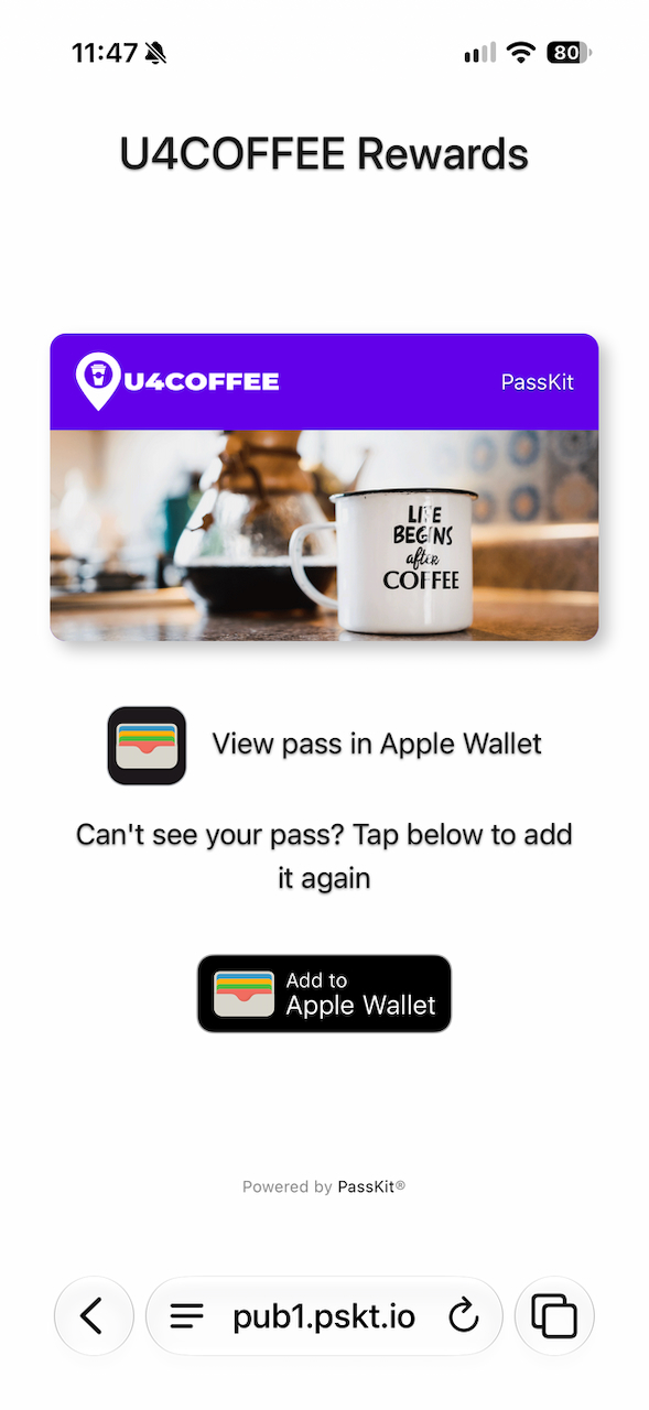 An iPhone showing a U4COFFEE rewards pass delivered after enrollment.