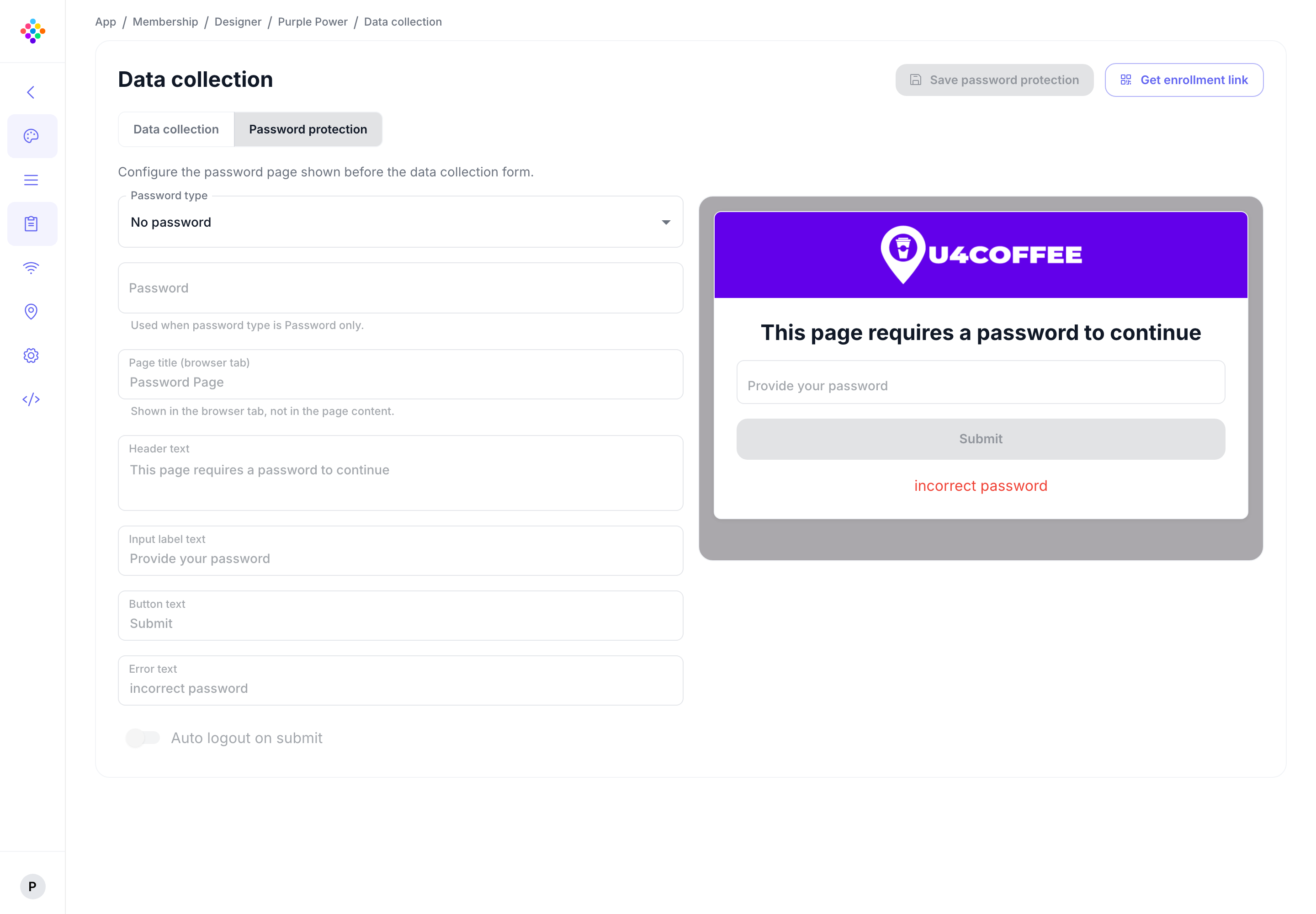 The PassKit Portal Password protection settings and password page preview for an enrollment form.