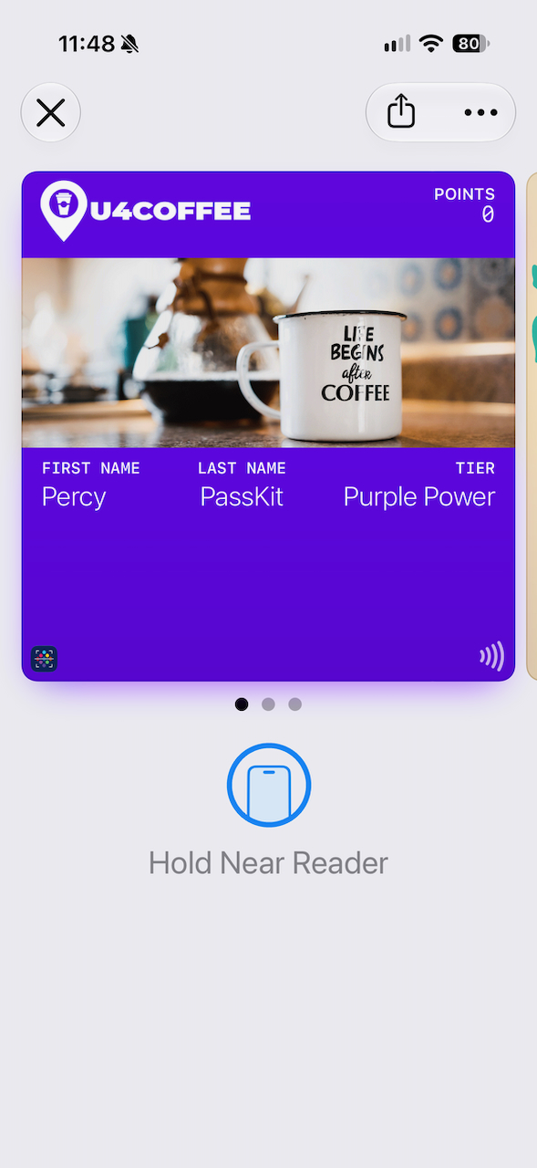 An iPhone showing a U4COFFEE rewards pass saved in Apple Wallet.