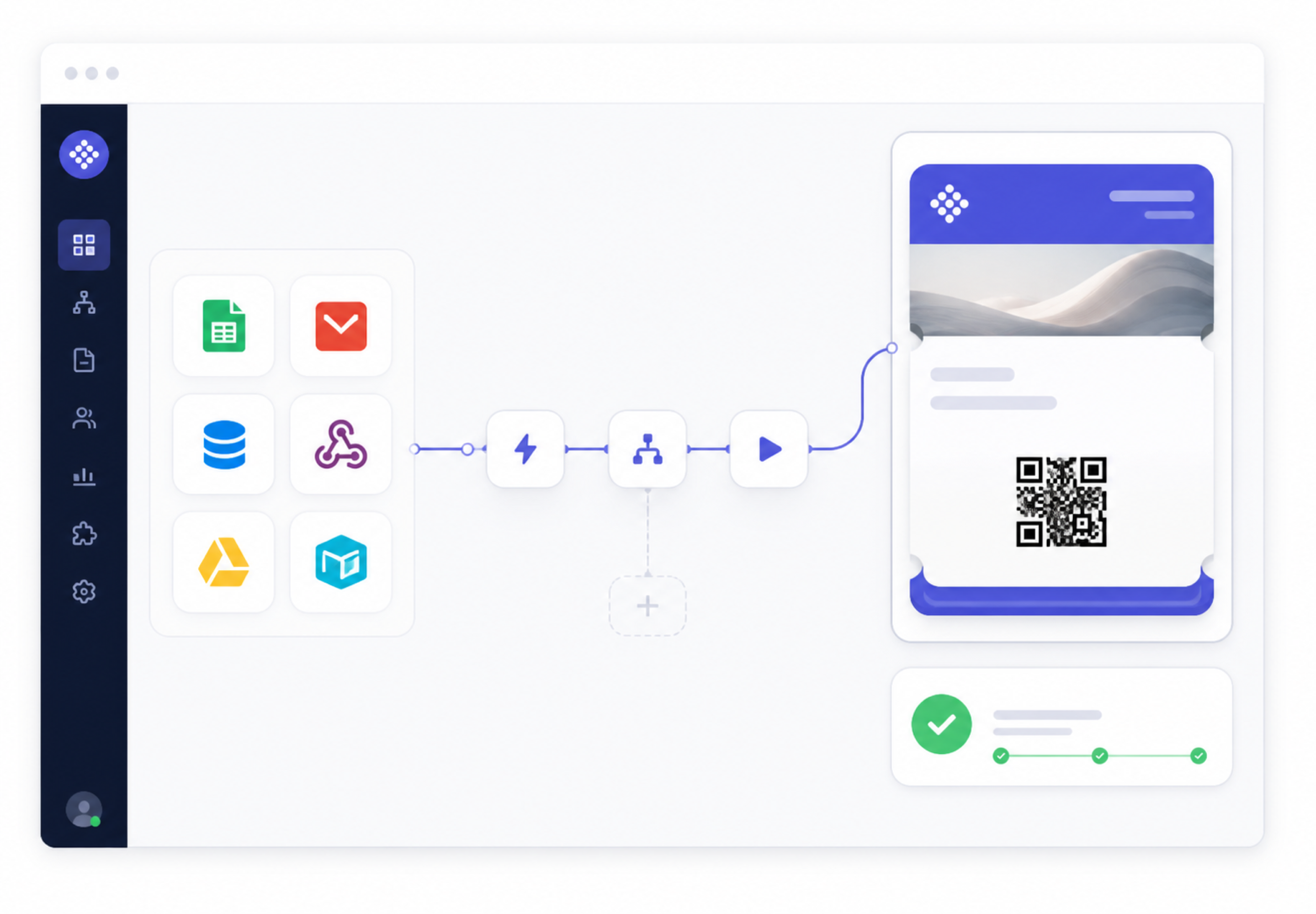 A PassKit-style portal workspace
    showing connected systems, an automation route, and a wallet pass.