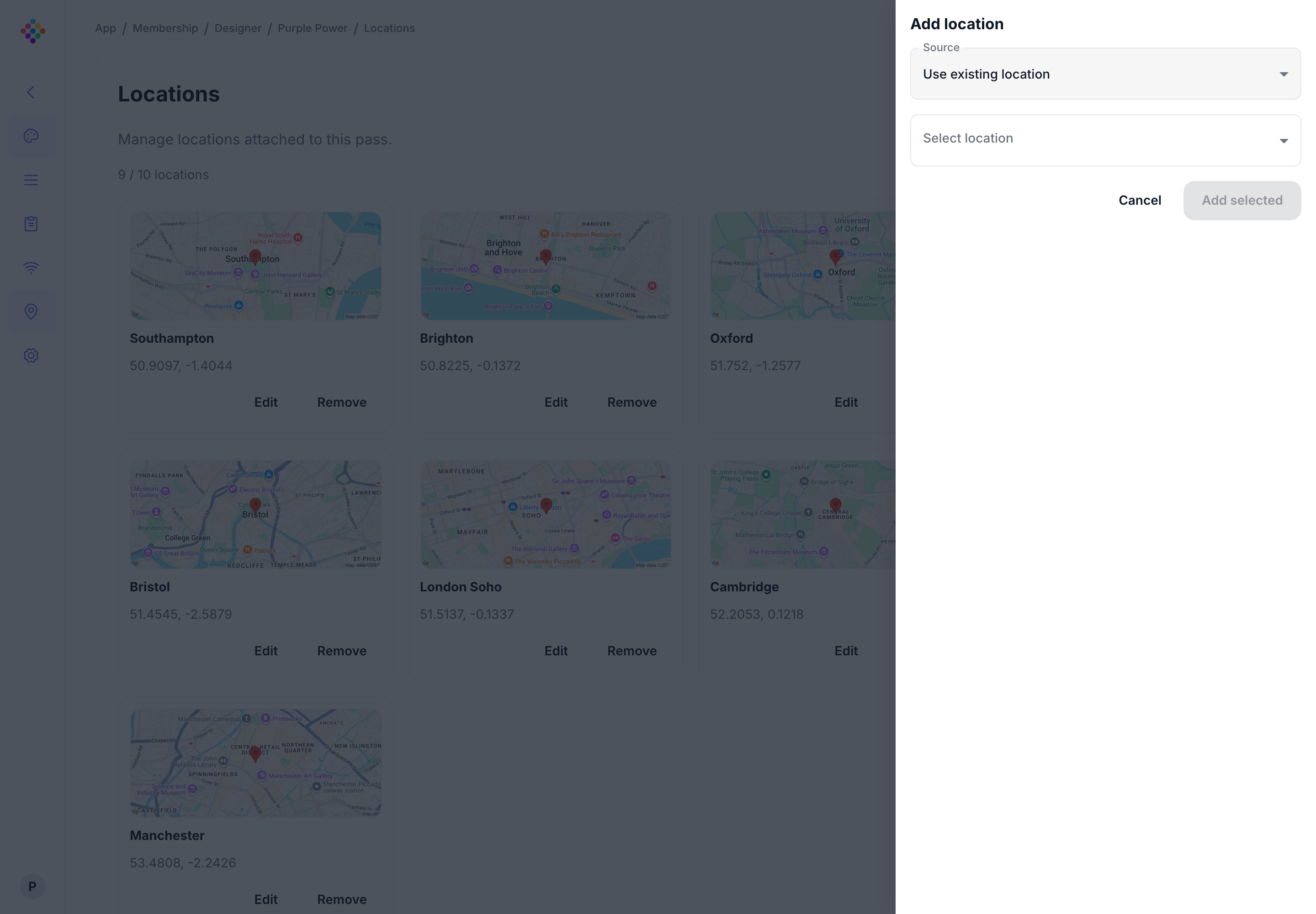 The PassKit Portal Add location panel, ready to search for a place and configure a new relevant location.