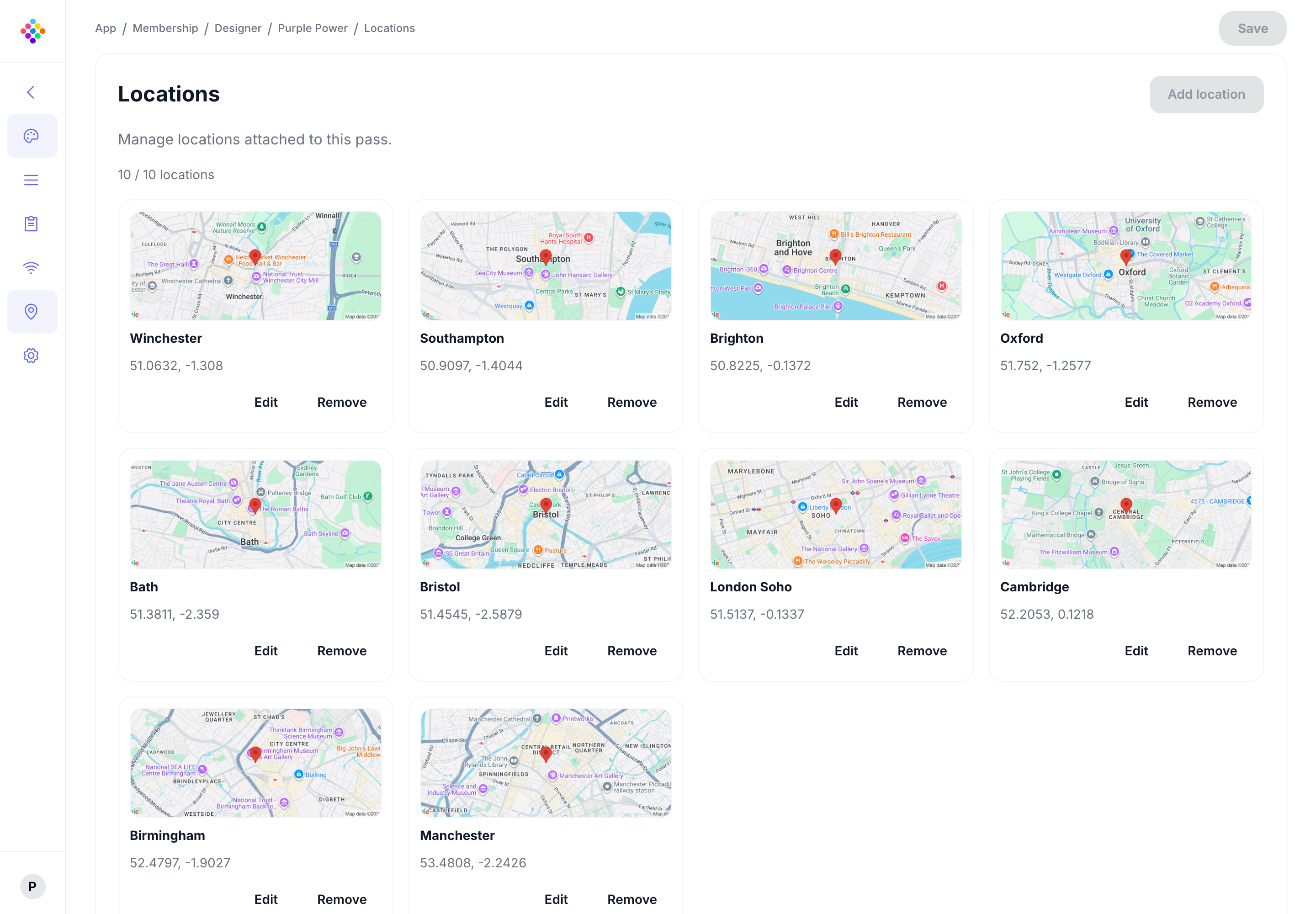 The PassKit Portal Locations page for U4Coffee, showing all ten configured location records.