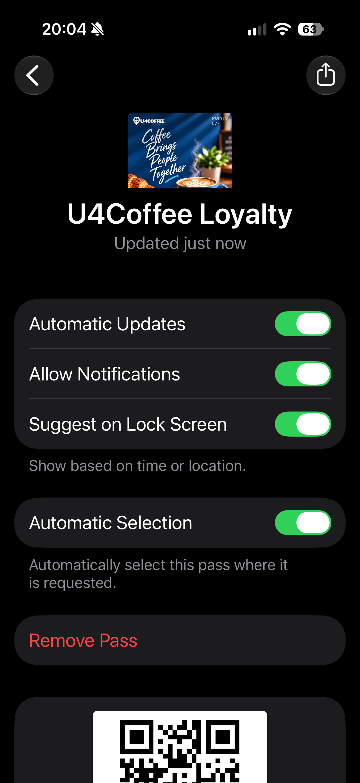 An iPhone Wallet settings view for U4Coffee Loyalty showing the Suggest on Lock Screen setting.