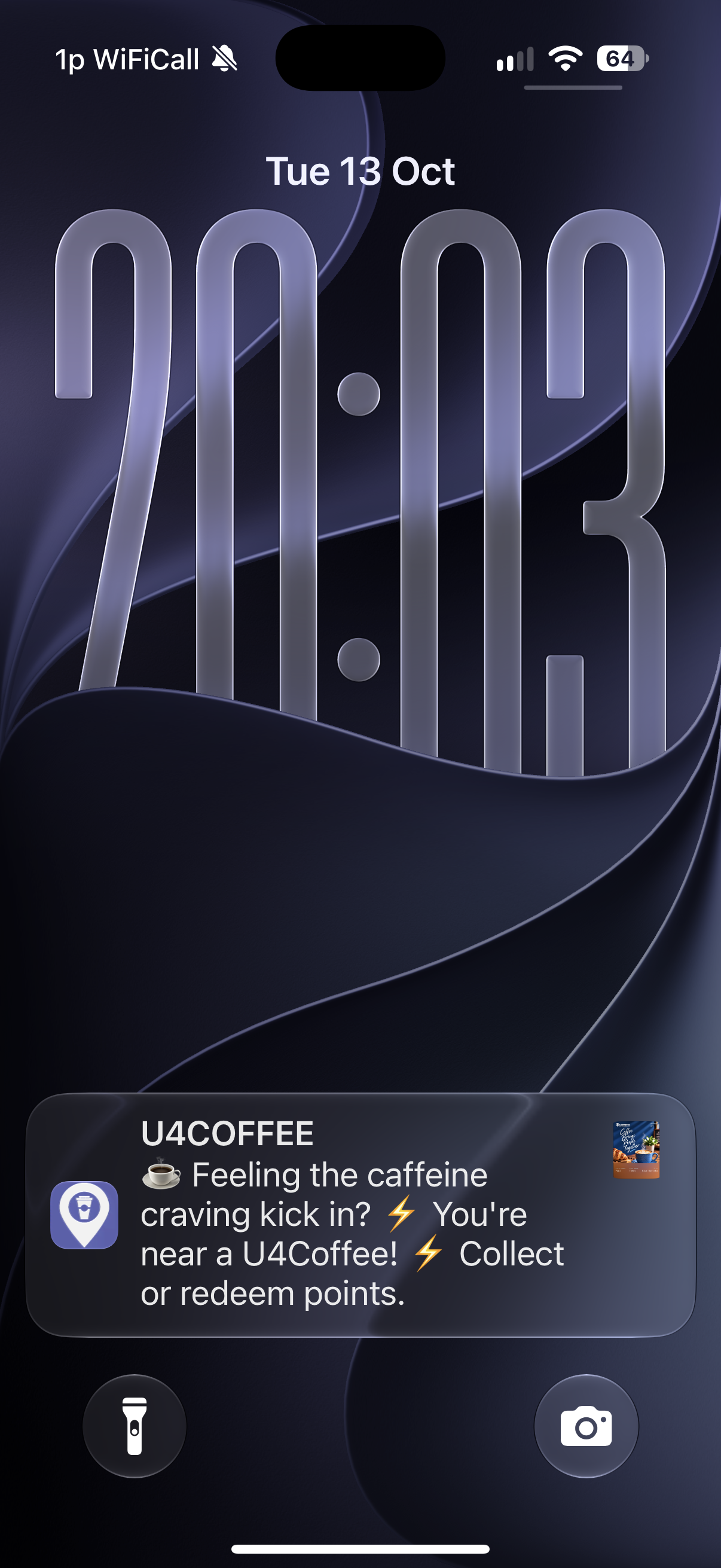 An iPhone lock screen showing a U4Coffee location-based message inviting the holder to collect or redeem points nearby.