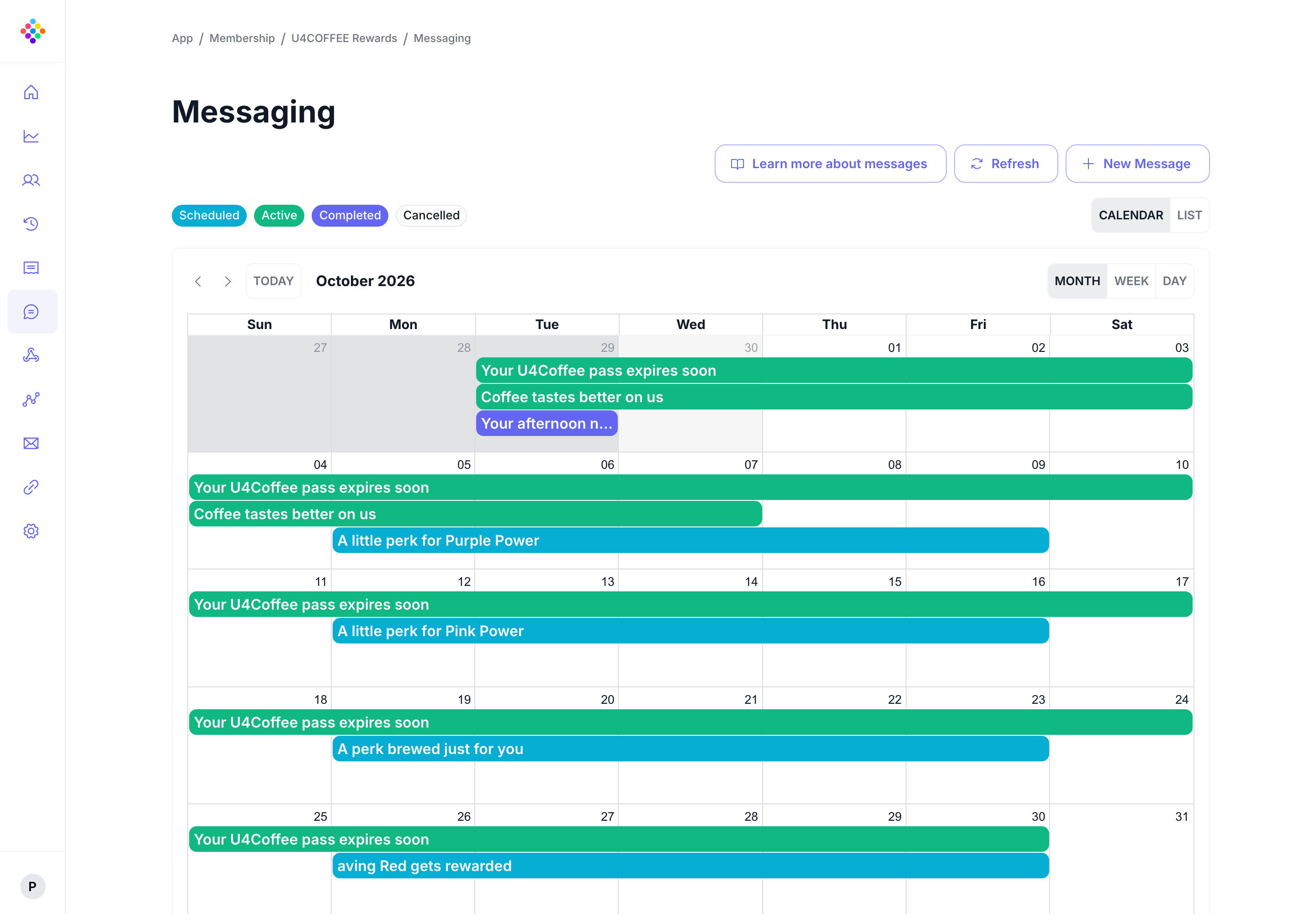 The PassKit Portal Messaging calendar showing scheduled messages in October 2026.
