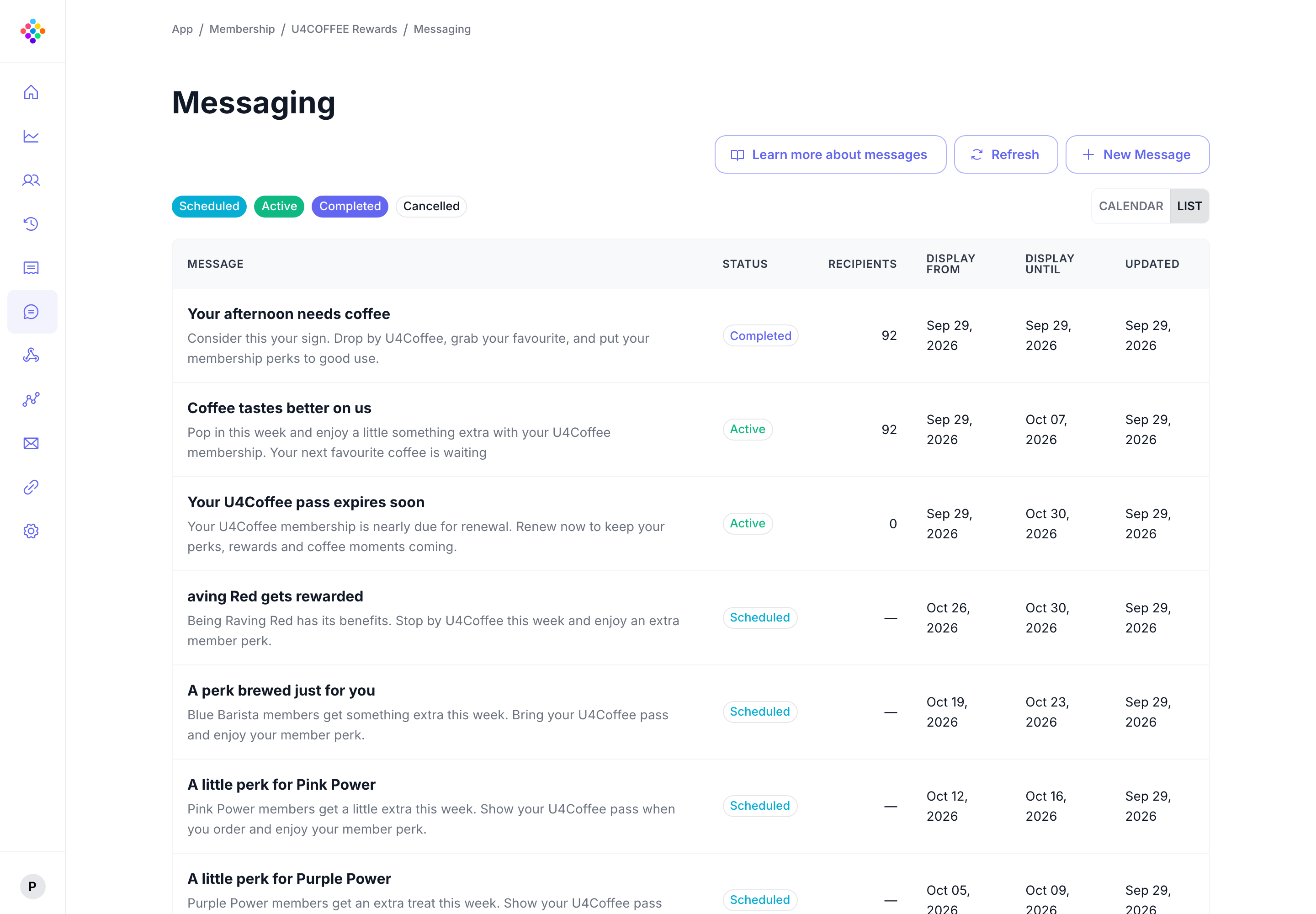 The PassKit Portal Messaging list showing message status, recipients, and display dates.
