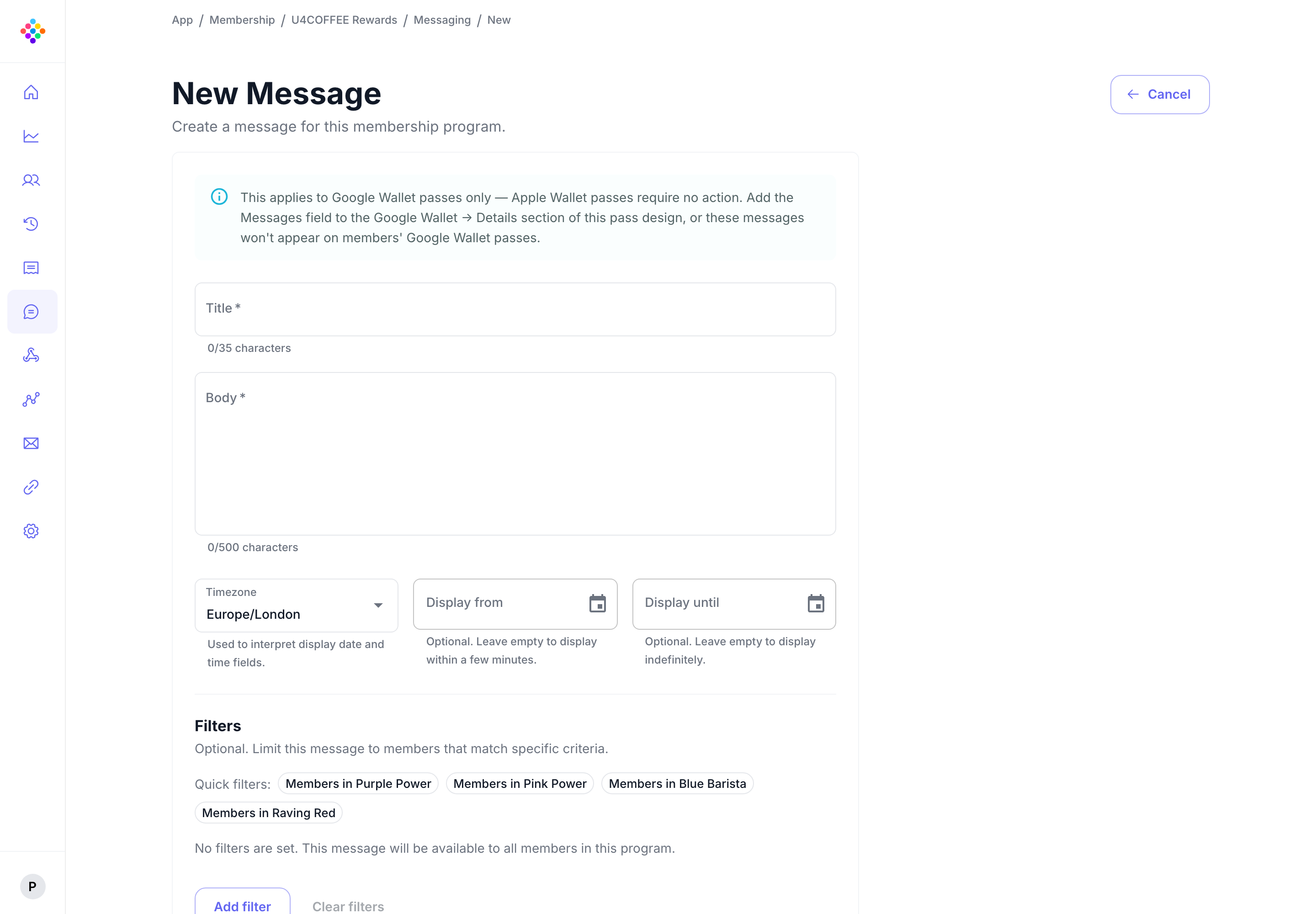 The PassKit Portal New Message form with title, body, scheduling, and audience filter fields.