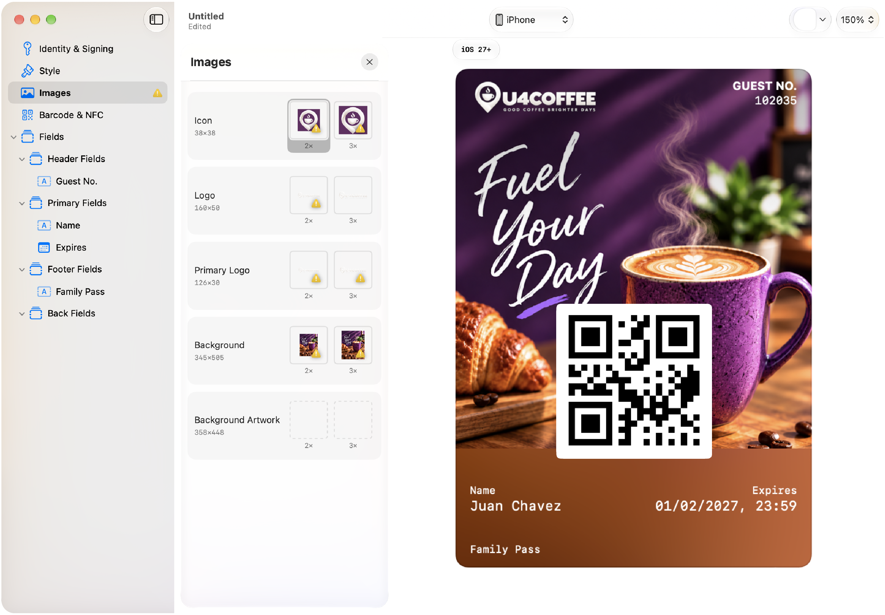 Apple Pass Designer showing the images workspace and a Poster Generic Apple Wallet pass preview.