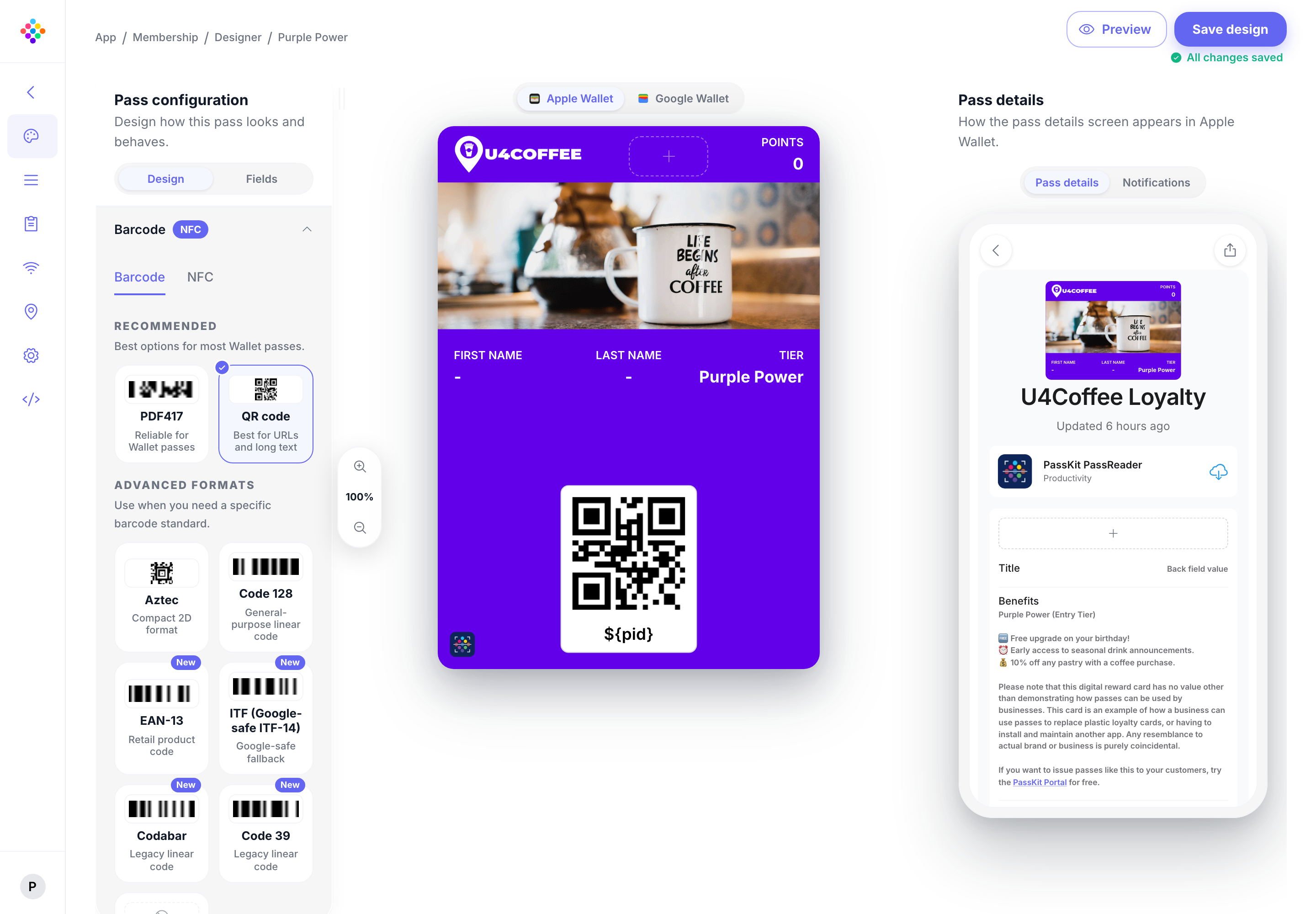 The current PassKit Portal designer workspace.