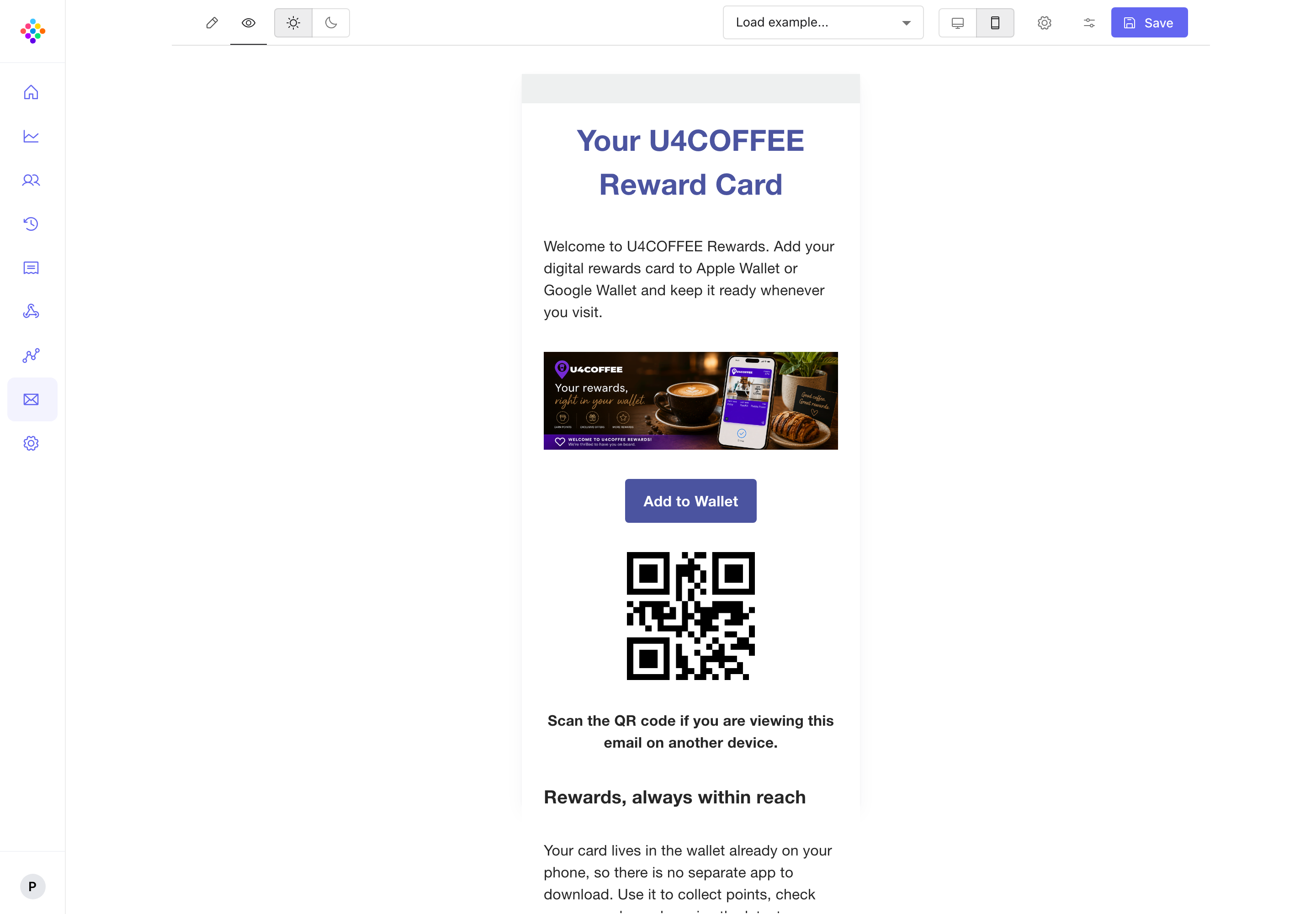 The PassKit Portal showing the Welcome Email in a narrow mobile layout with an Add to Wallet button and QR code.