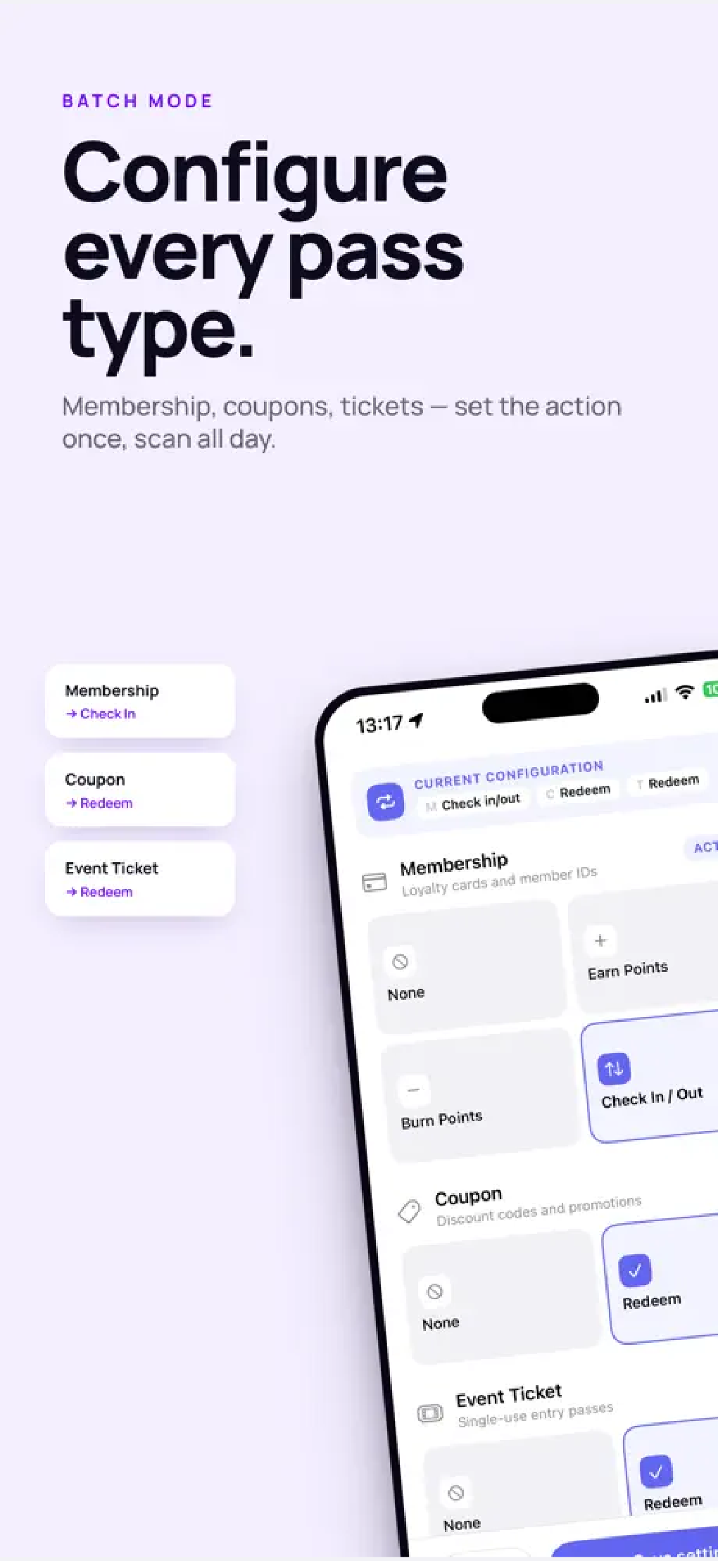 The PassReader mobile app showing pass type configuration.