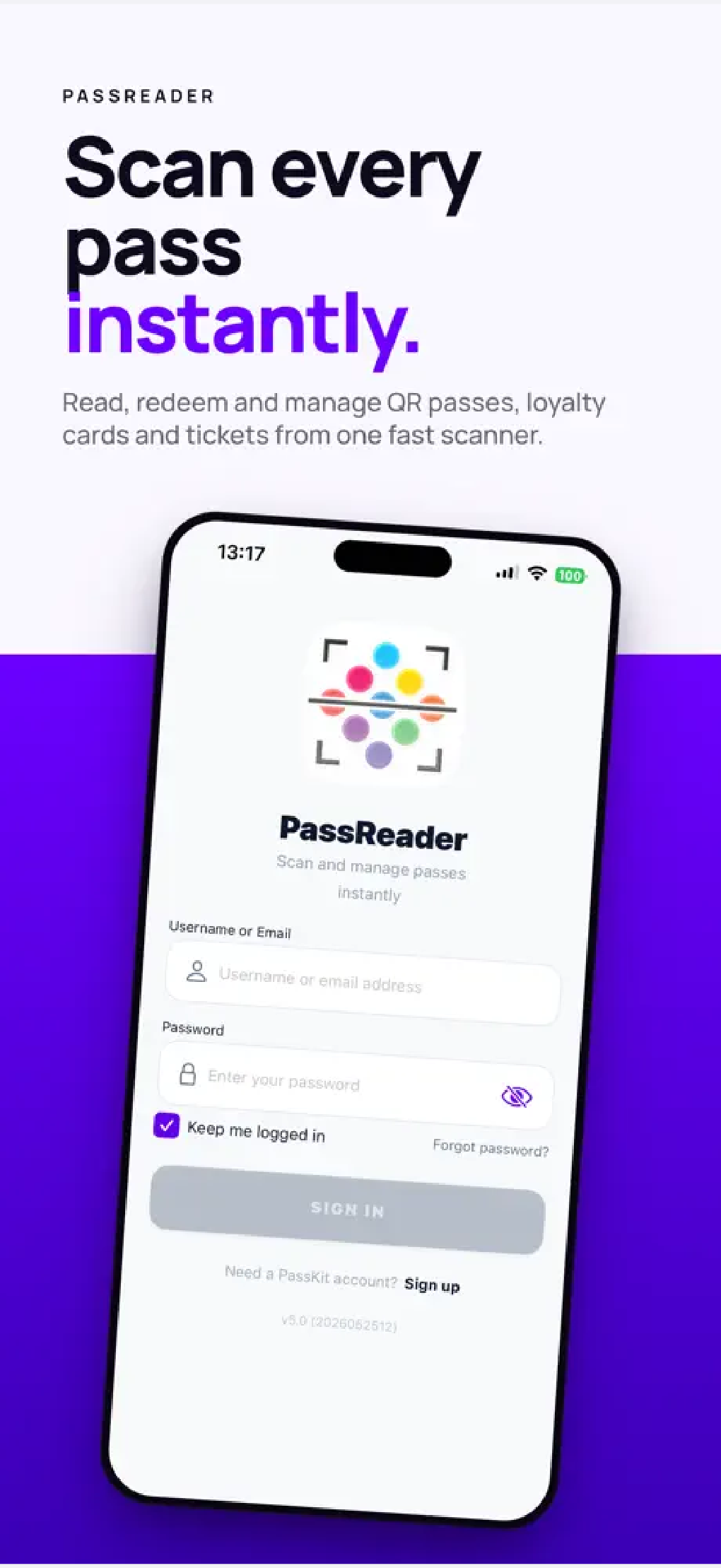 The PassReader mobile login screen.
