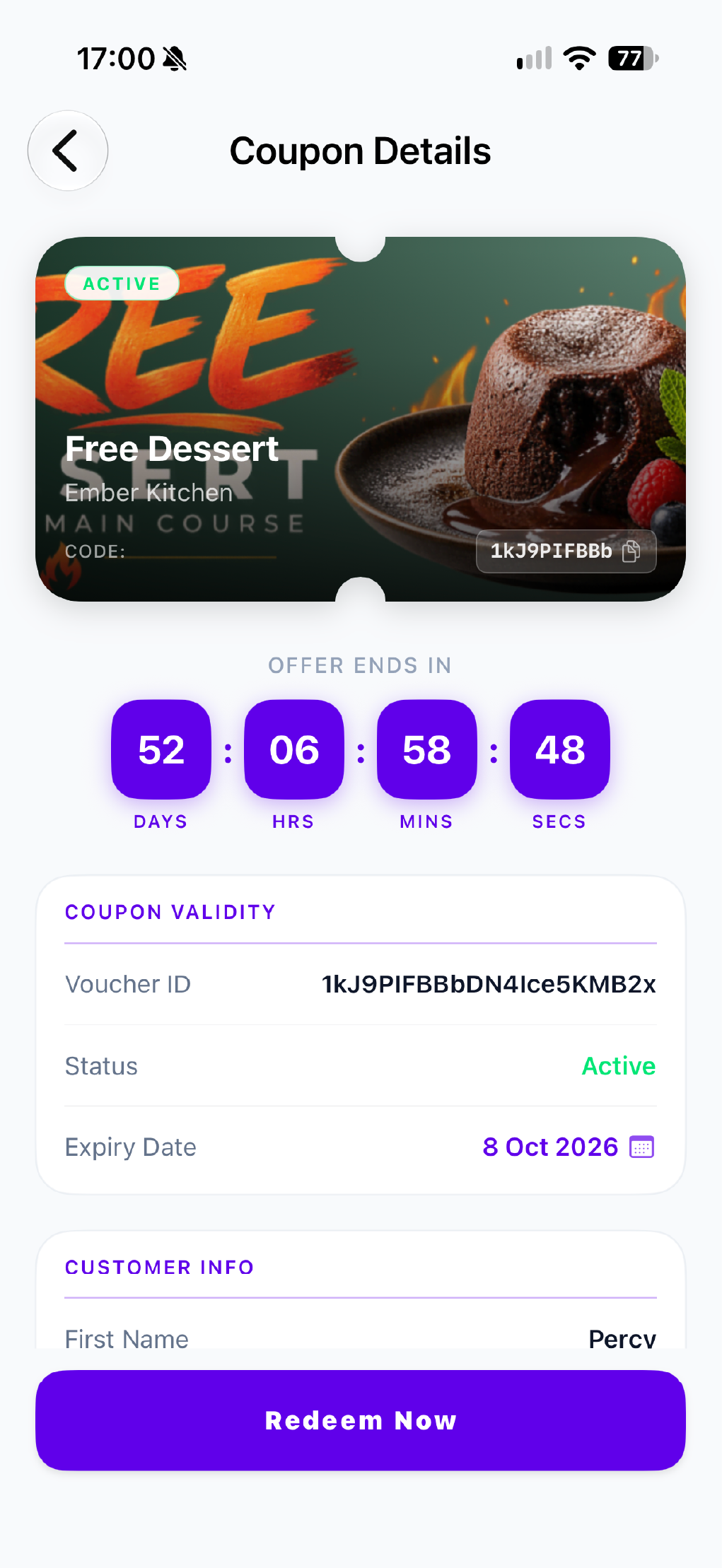 A mobile coupon details screen for a Free Dessert offer with a Redeem Now button.