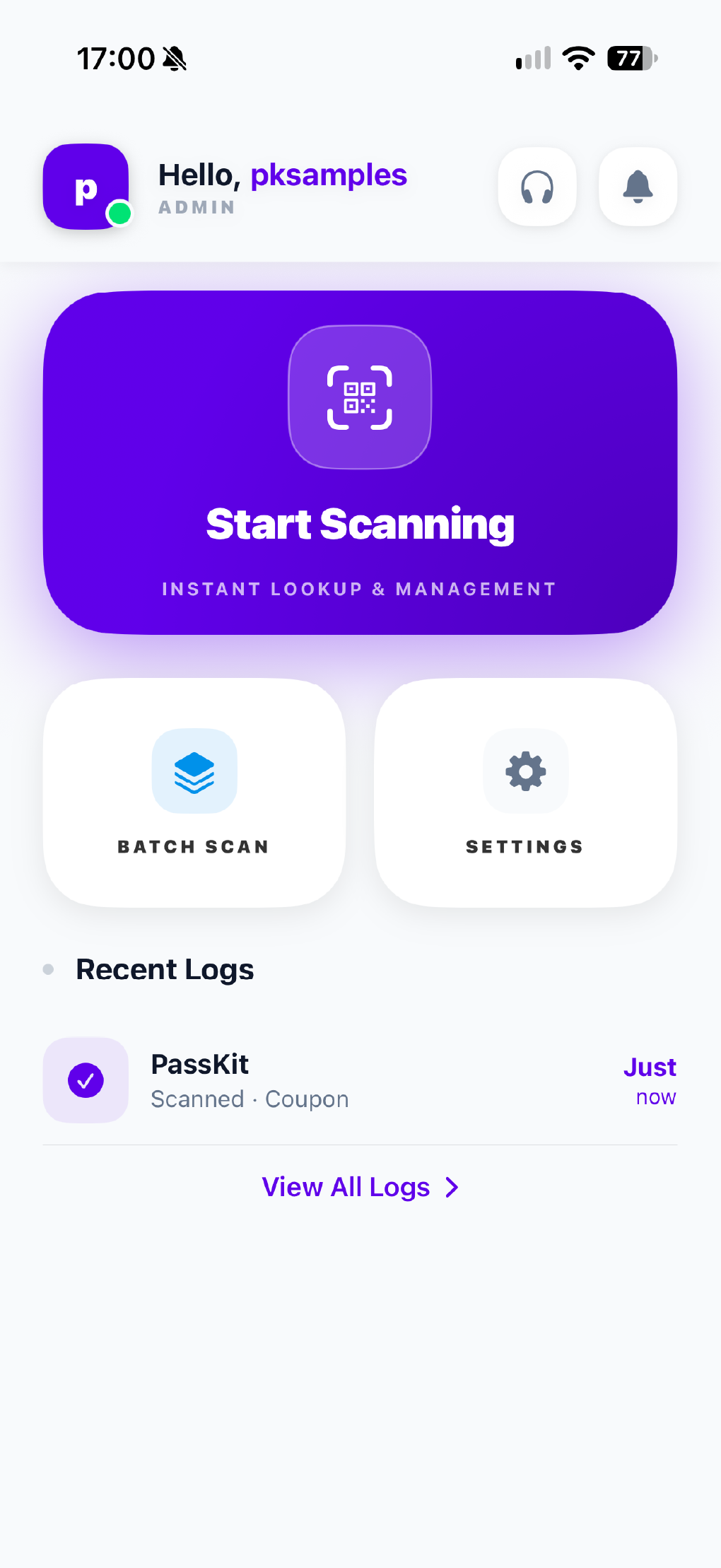 The PassReader mobile app ready to validate a wallet pass.