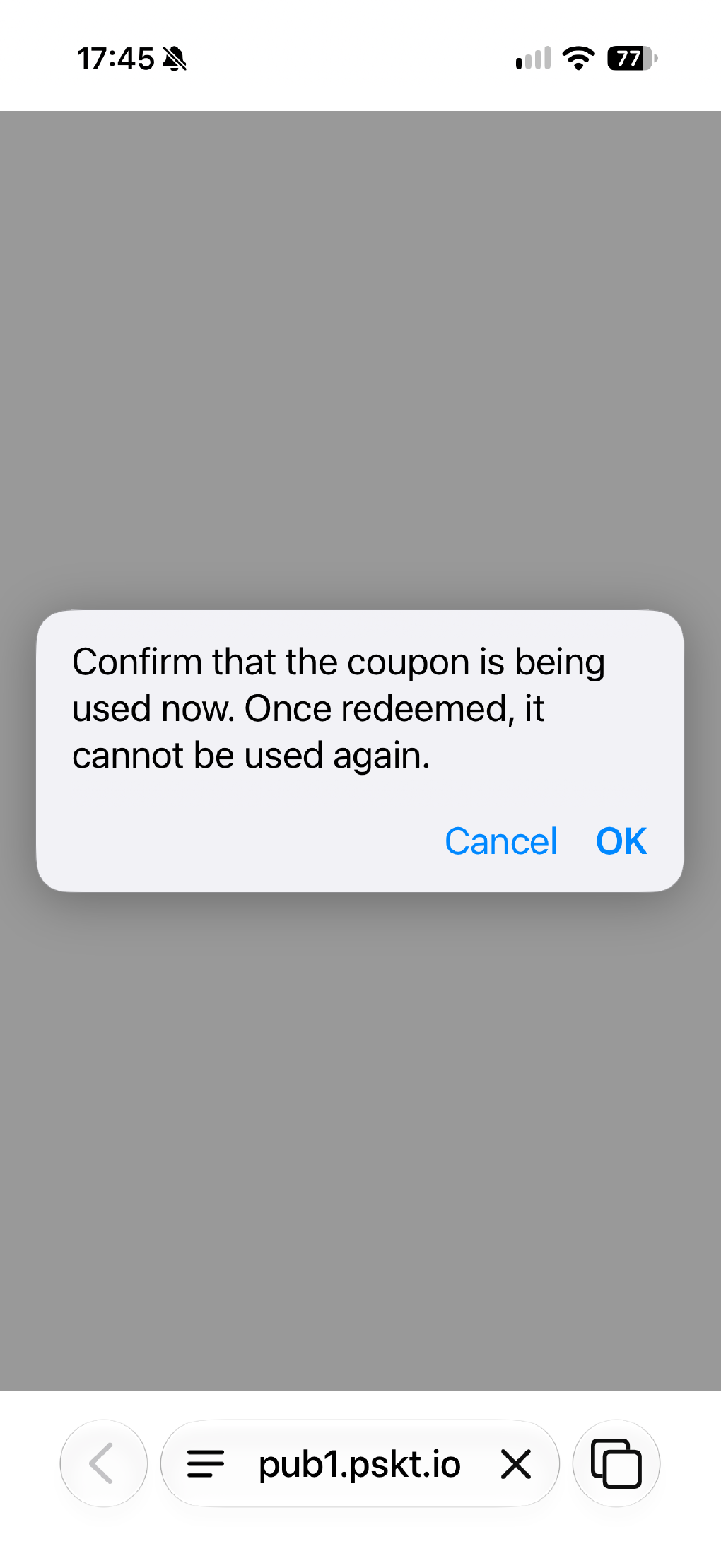 A mobile self-redemption screen asking the customer to confirm a coupon redemption.