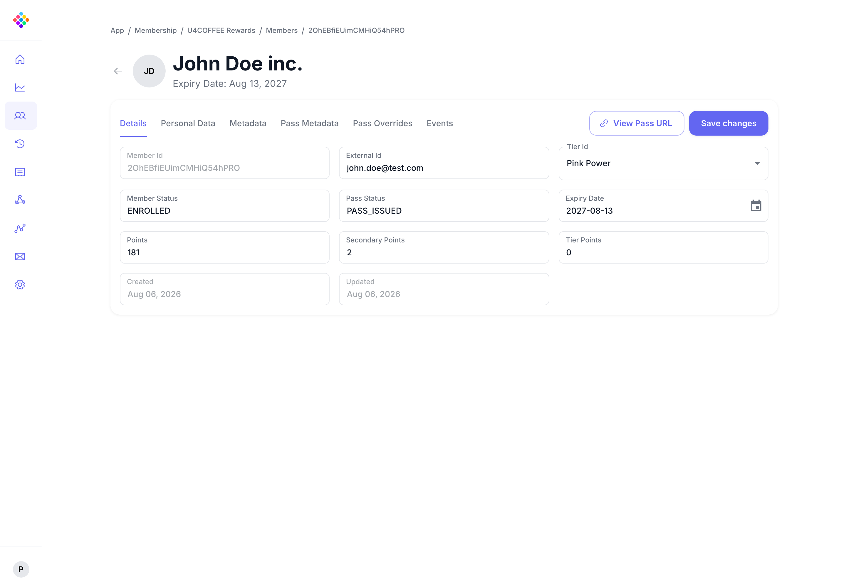 The PassKit Portal member details view with live pass values.