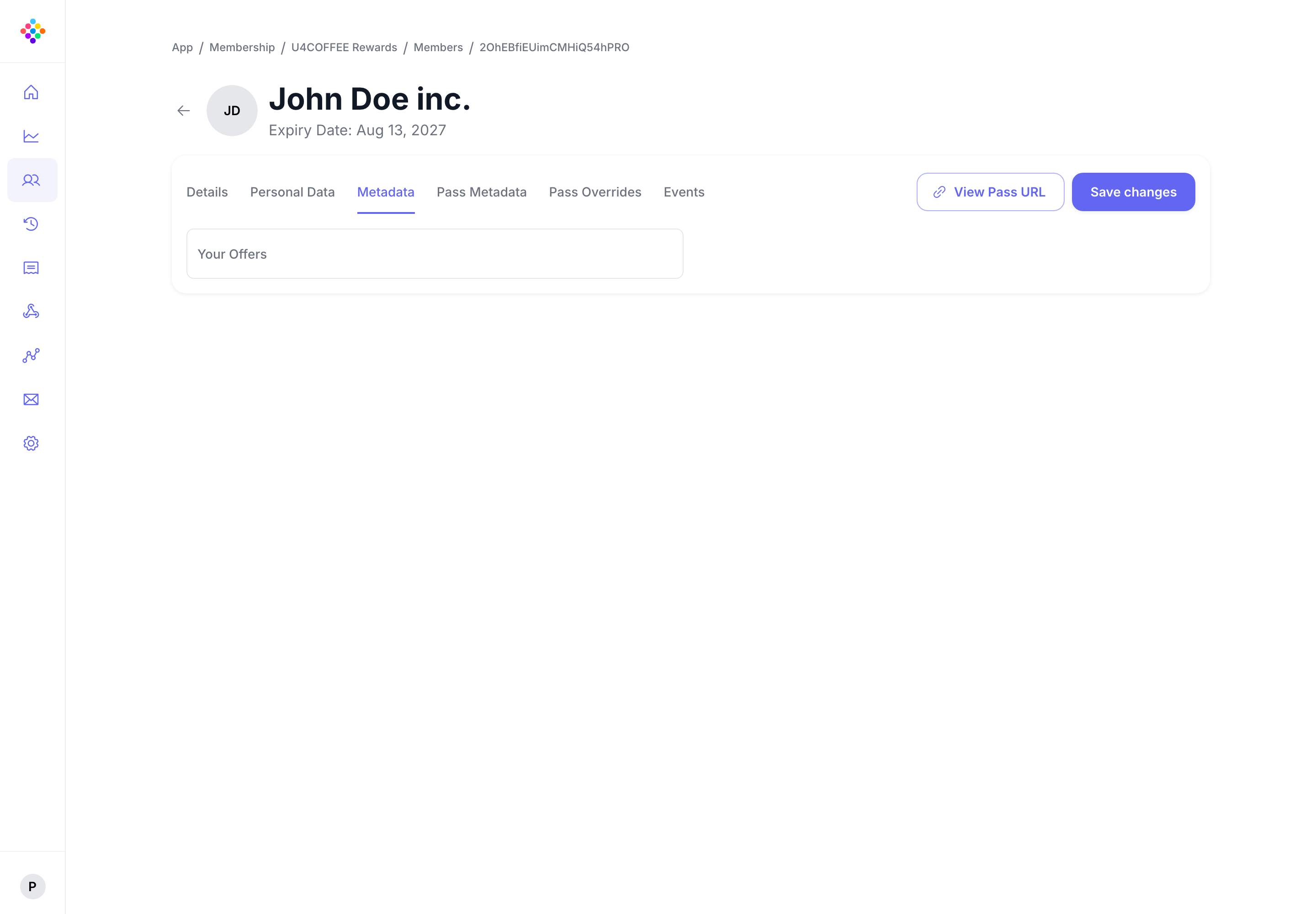The PassKit Portal member metadata view with custom fields.