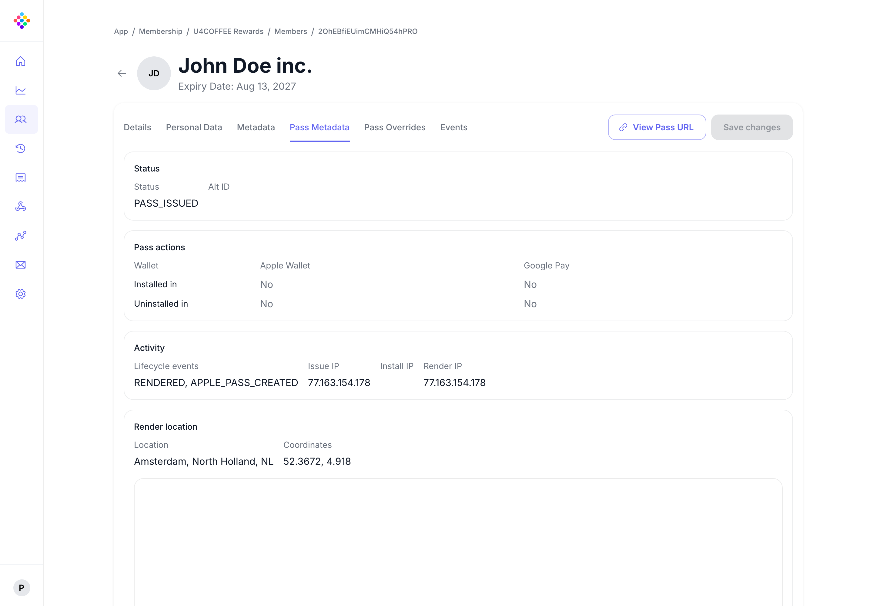 The PassKit Portal member pass metadata view with lifecycle information.