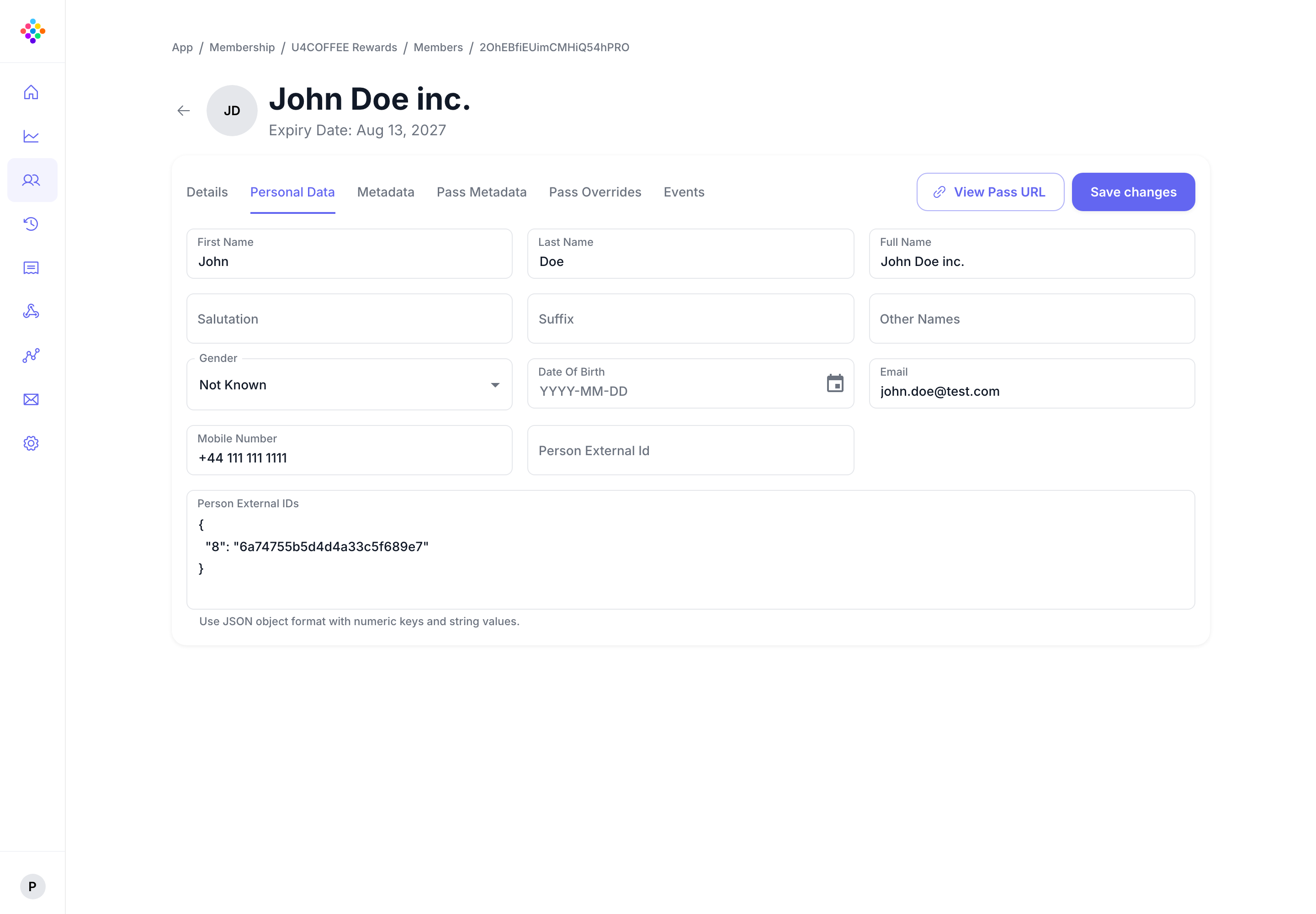 The PassKit Portal member personal data view.