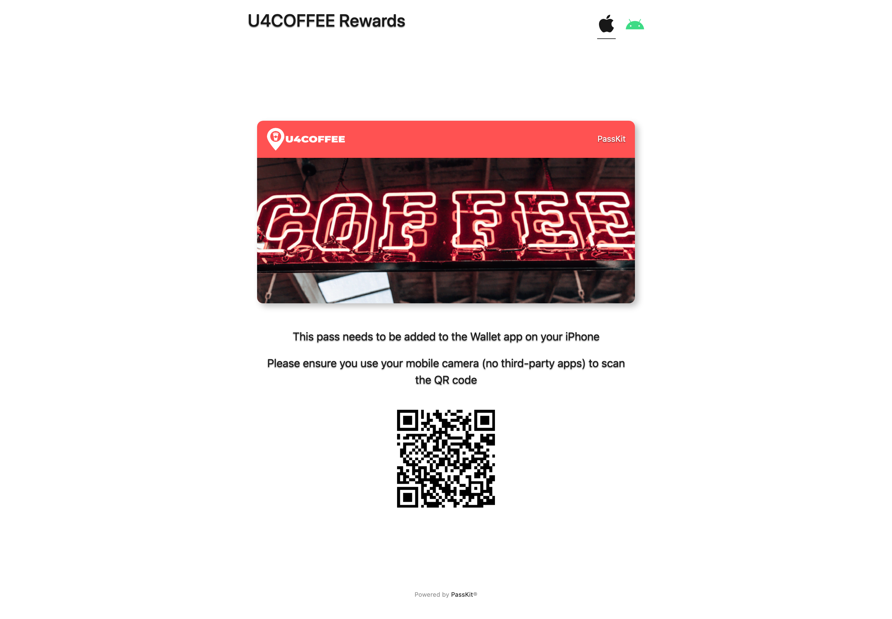 A Pass URL opened in a desktop browser, showing a pass preview and QR code for cross-device installation.