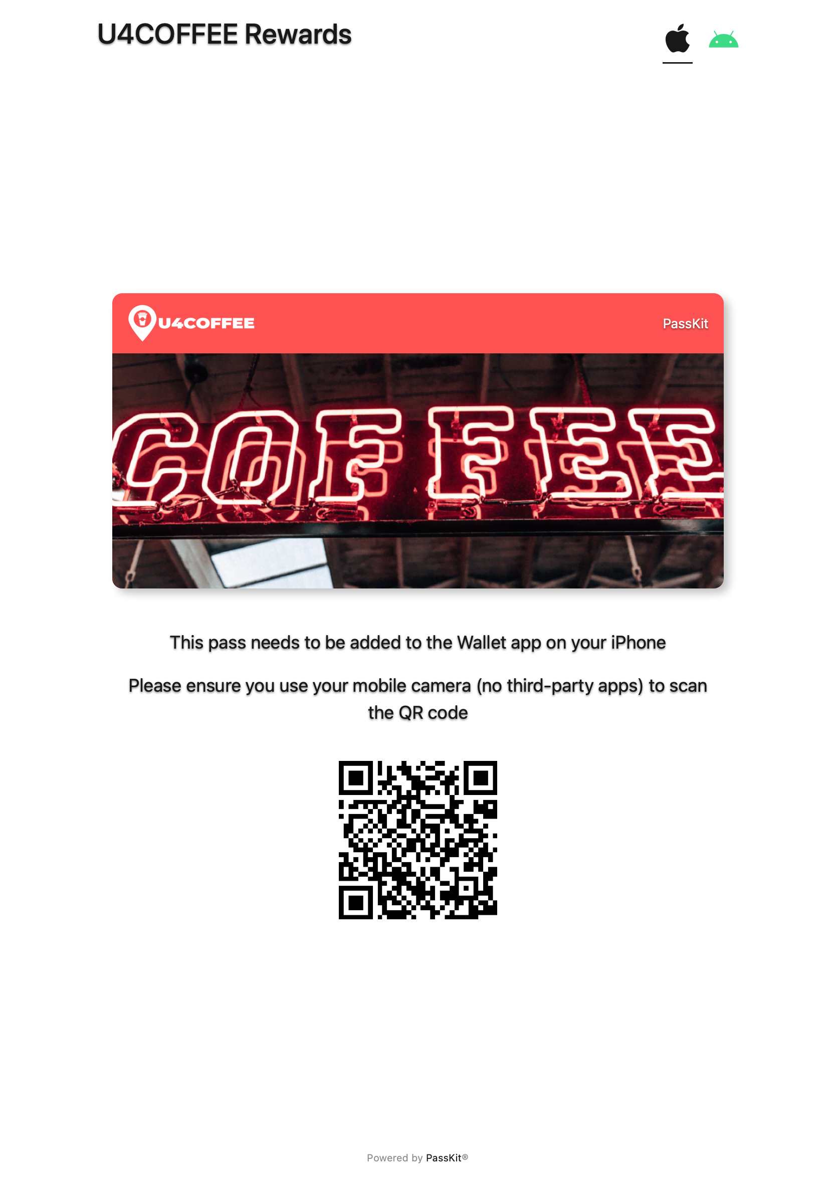 An iPad Safari view of the Pass URL showing the QR-code handoff page.
