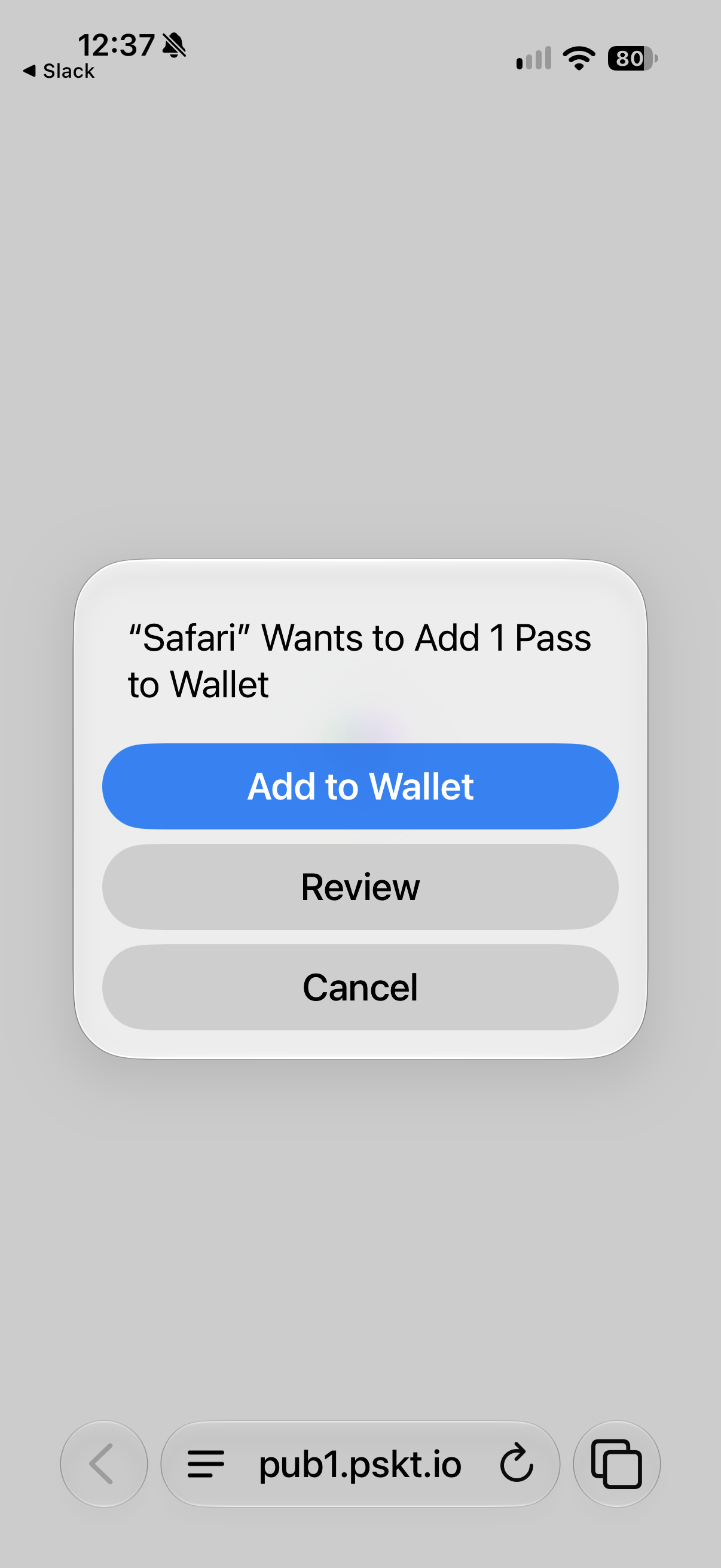 An iPhone Safari screen showing the native Add to Wallet prompt for a PassKit pass.