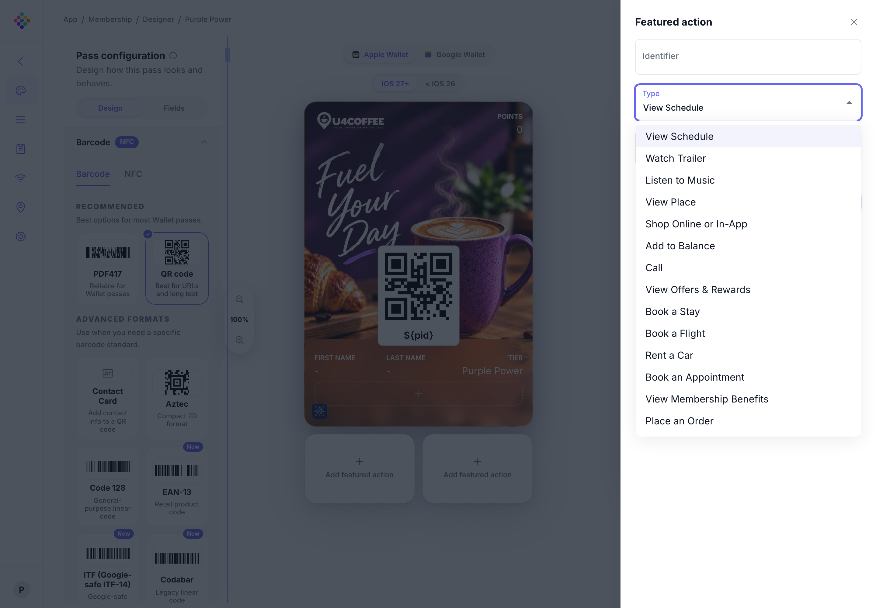 The PassKit Portal Featured action Type menu showing available Apple Wallet action choices.