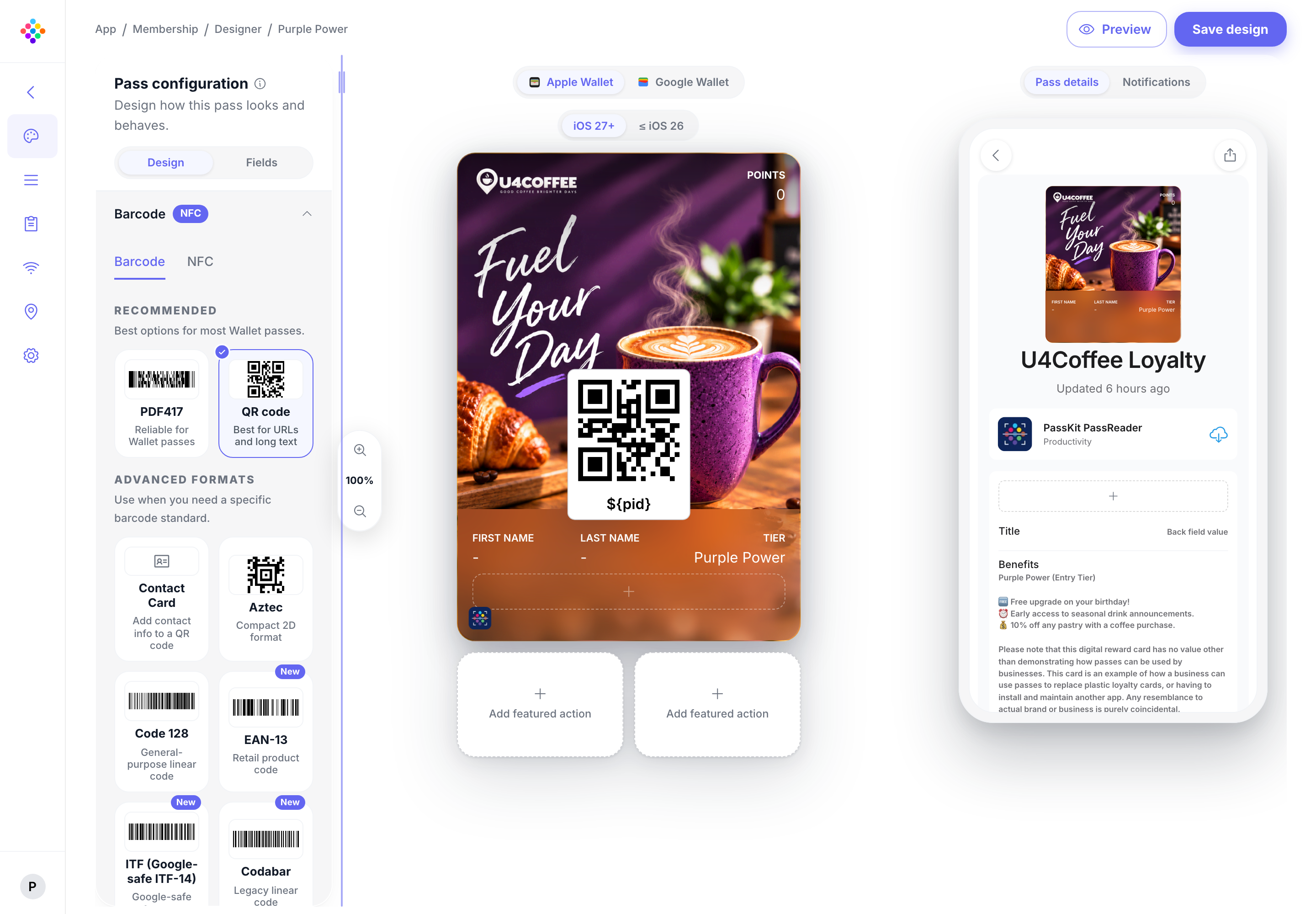 The PassKit Portal pass designer showing an Apple Wallet iOS 27+ poster pass with empty Featured Action slots.