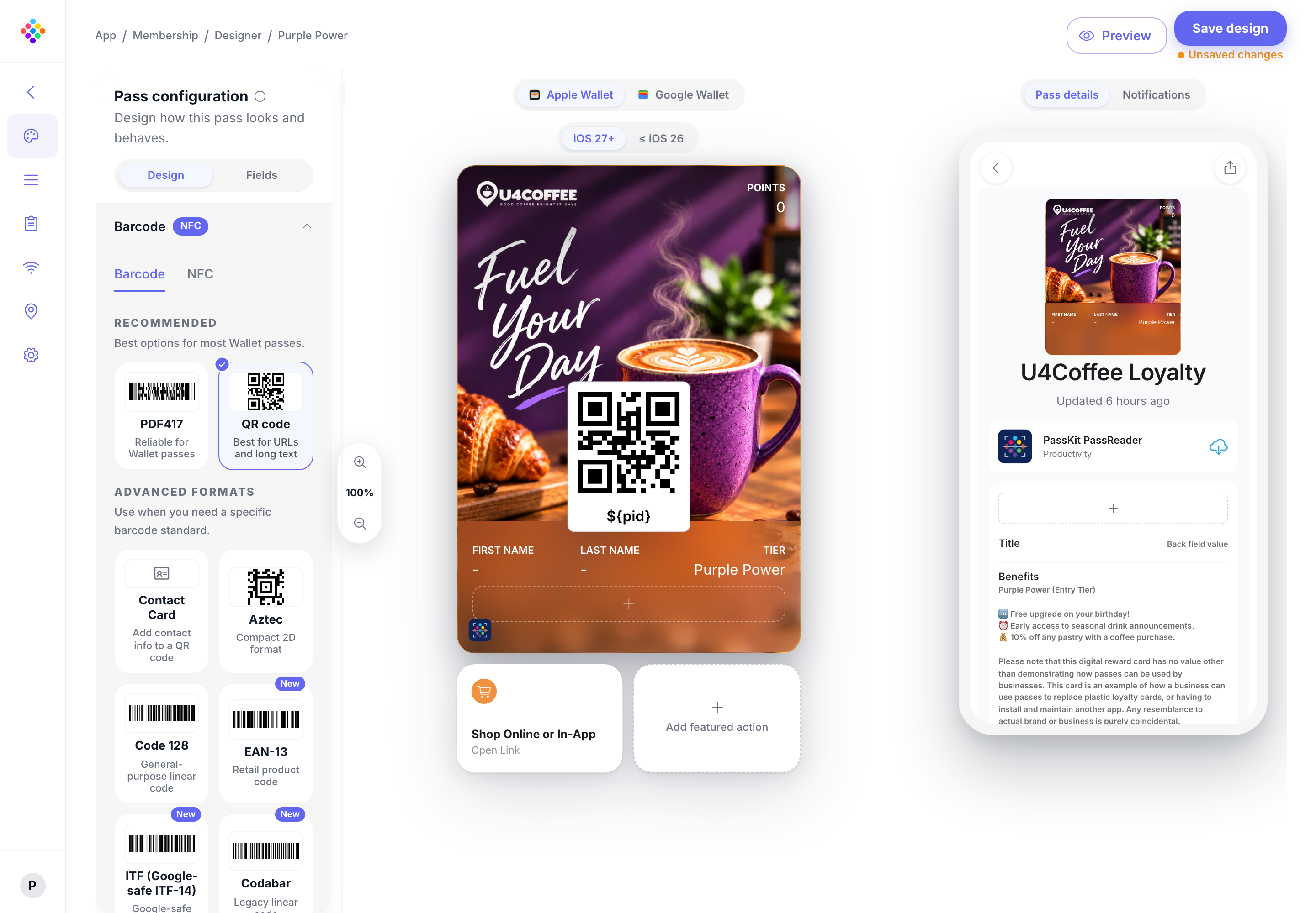 The PassKit Portal pass designer showing a saved Shop Online or In-App Featured Action below an Apple Wallet poster pass.