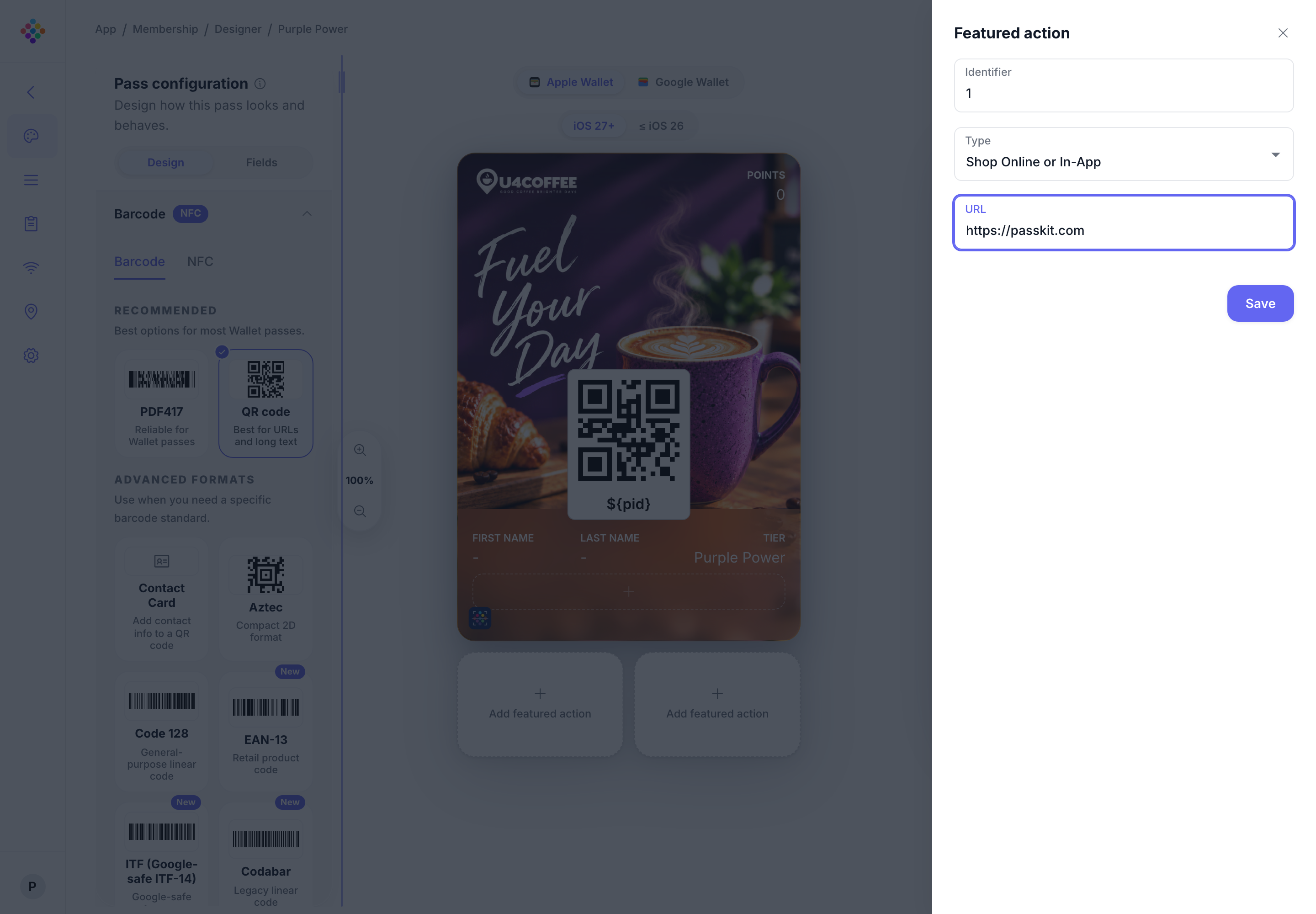 The PassKit Portal Featured action panel configured with Identifier 1, Shop Online or In-App, and the PassKit URL.
