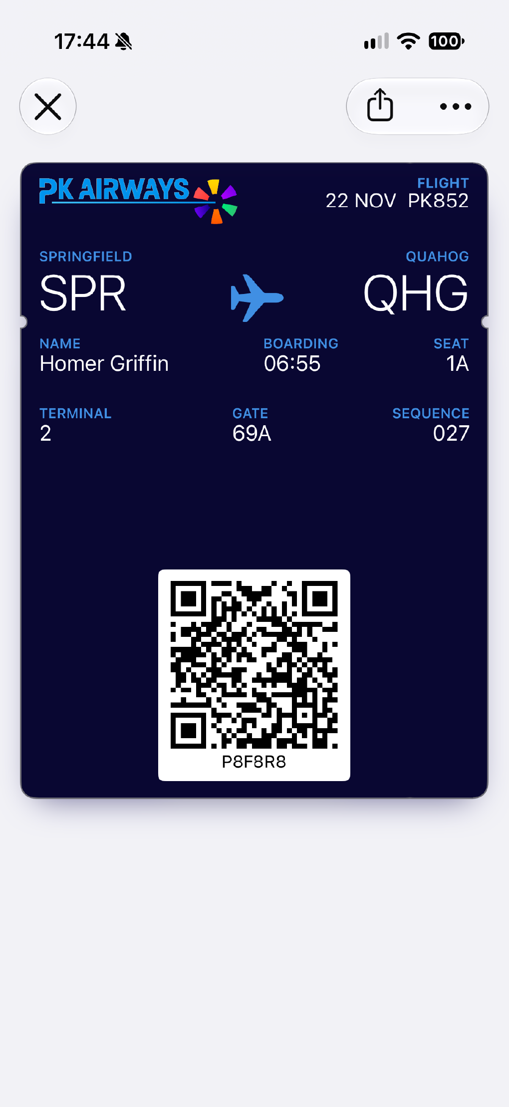 A boarding pass shown on an iPhone screen.