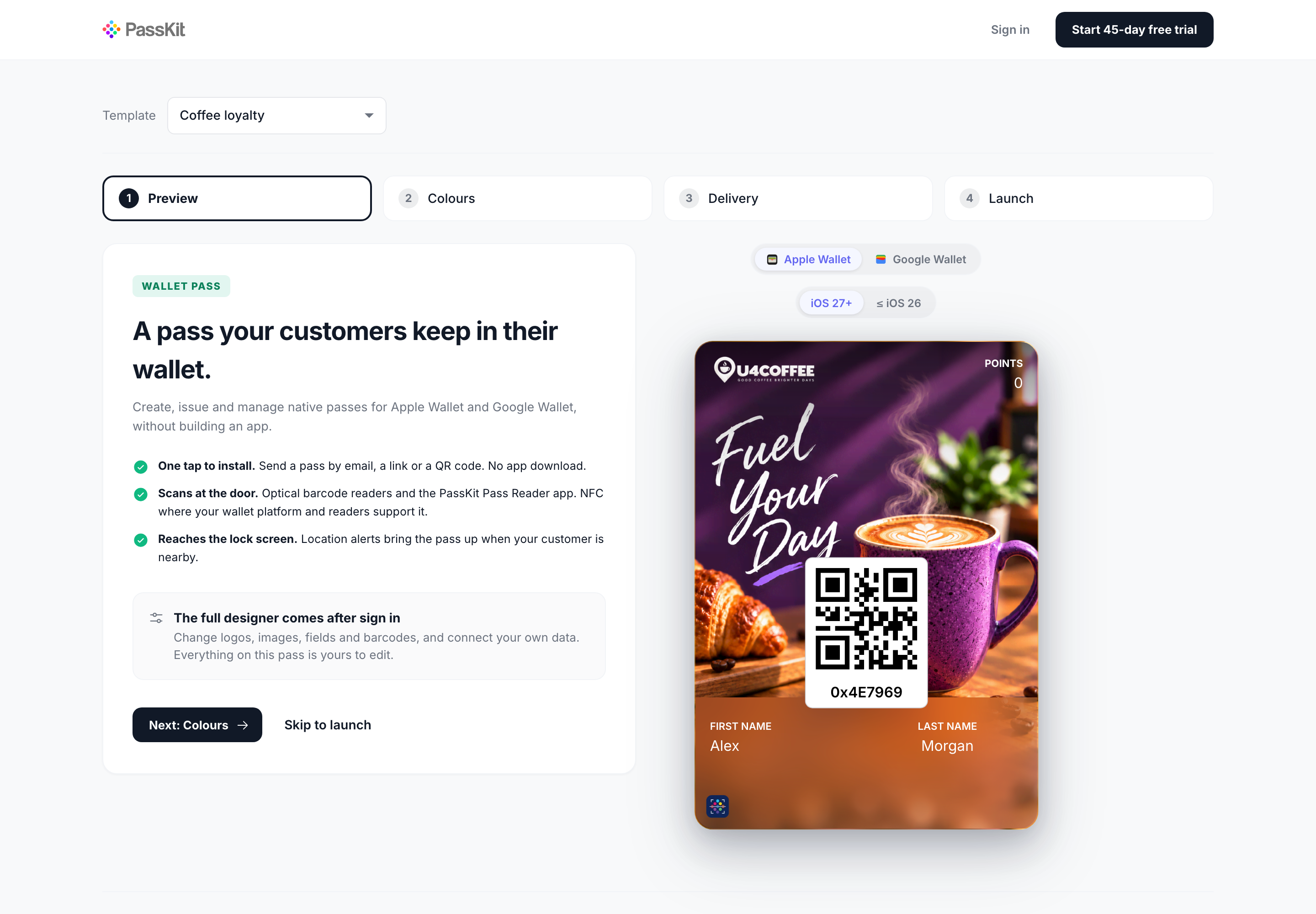 The public PassKit coffee template start page.