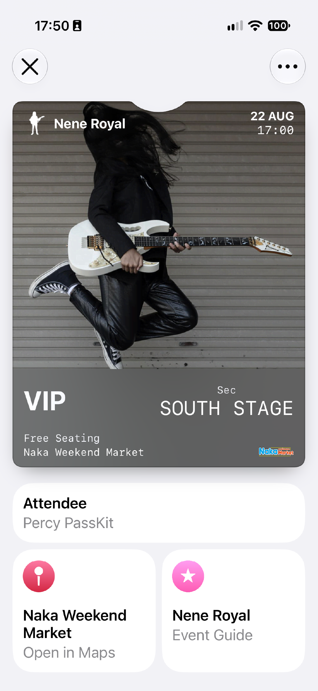 An event ticket shown on an iPhone screen.