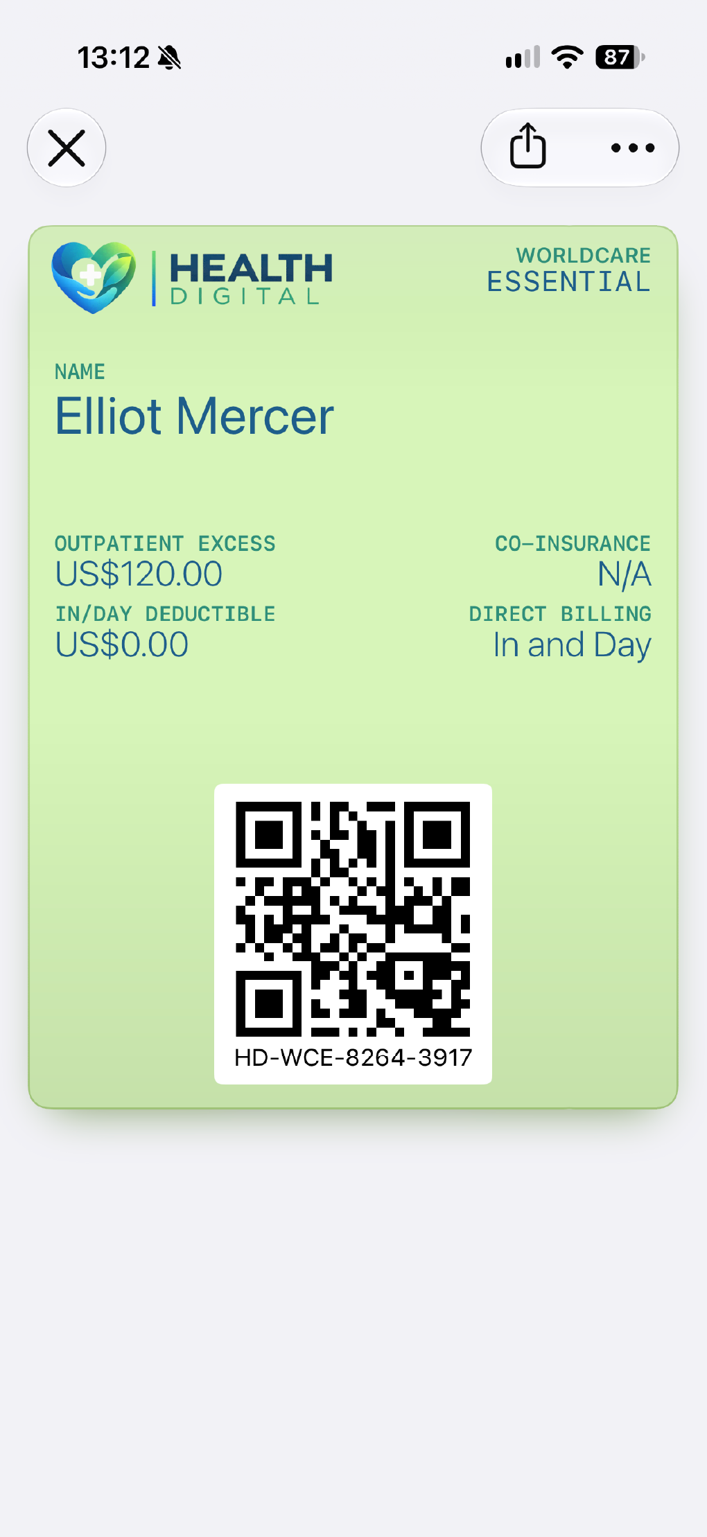 An insurance pass shown in a mobile wallet.