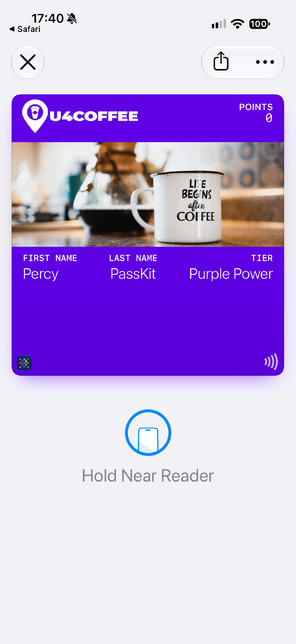 A loyalty pass shown on an iPhone screen.