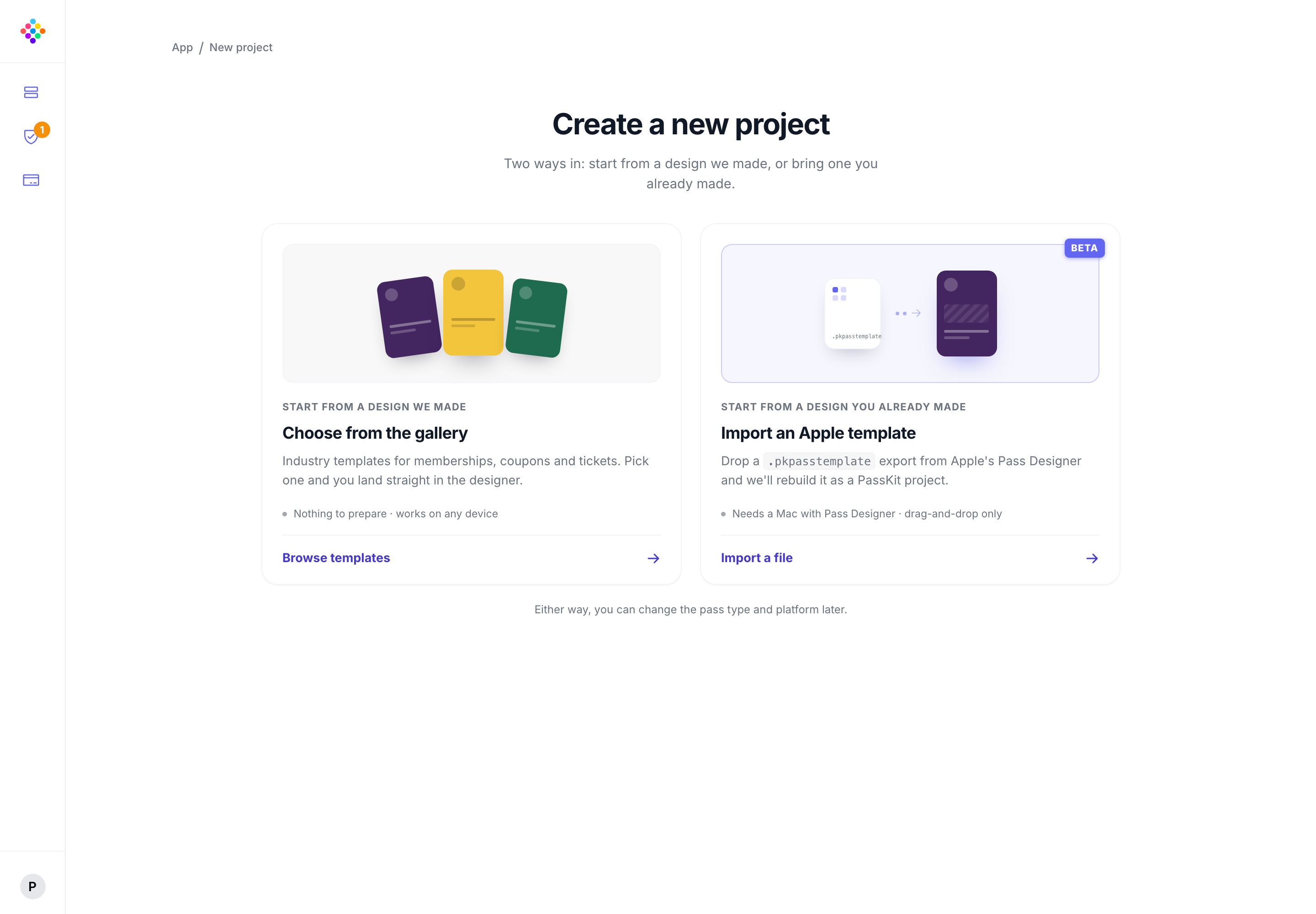 The PassKit Portal New project page showing options to choose a gallery template or import an Apple Pass Designer template.